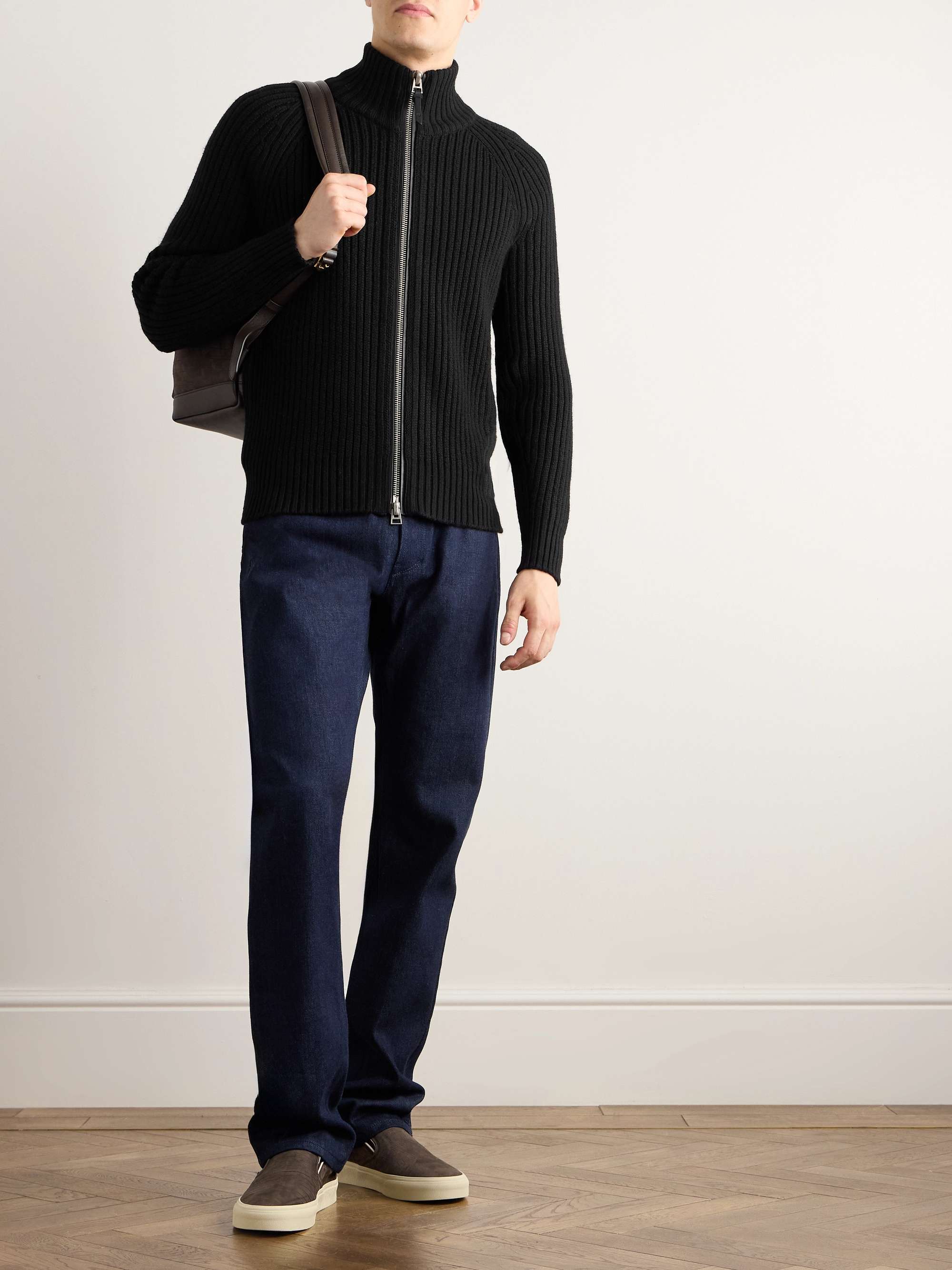 Slim-Fit Ribbed Wool and Cashmere-Blend Zip-Up Cardigan view