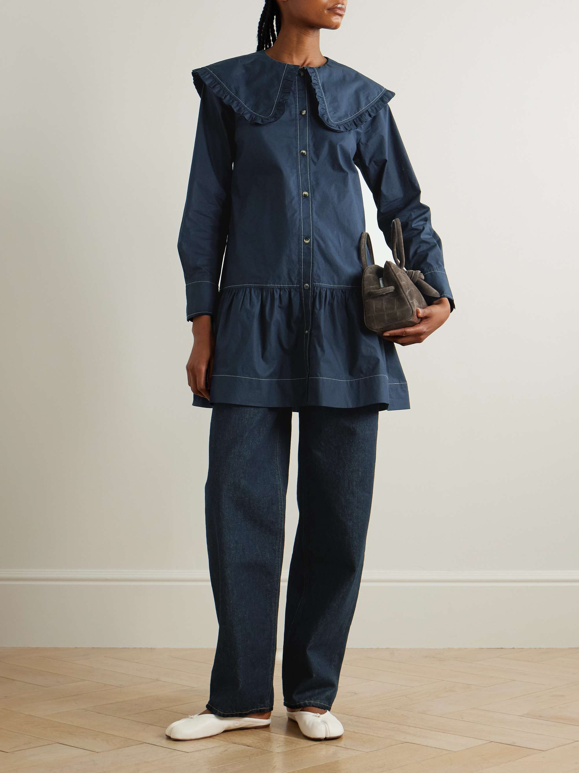 Ruffled organic cotton-poplin mini shirt dress view