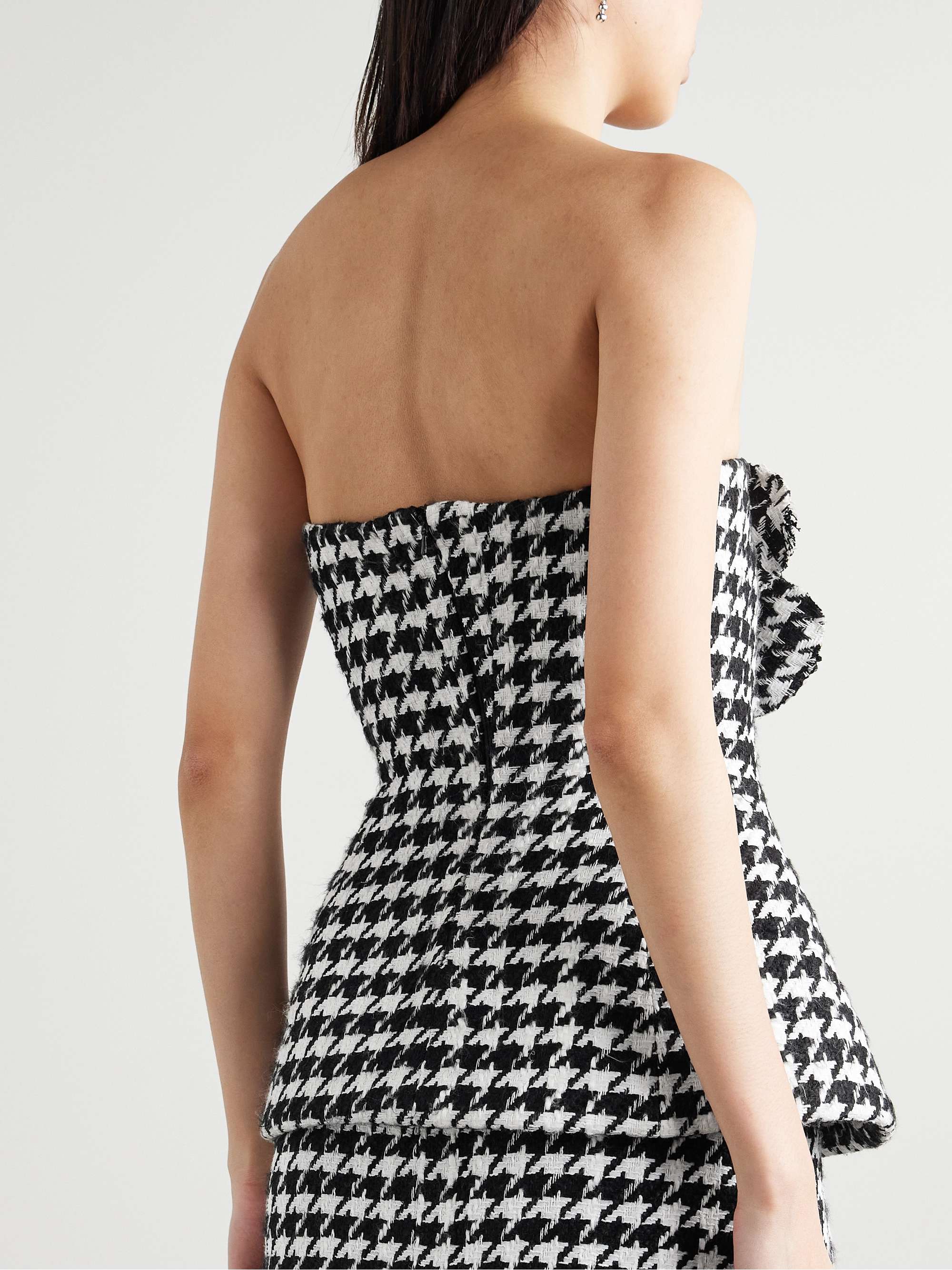 Strapless appliquéd houndstooth tweed peplum top view
