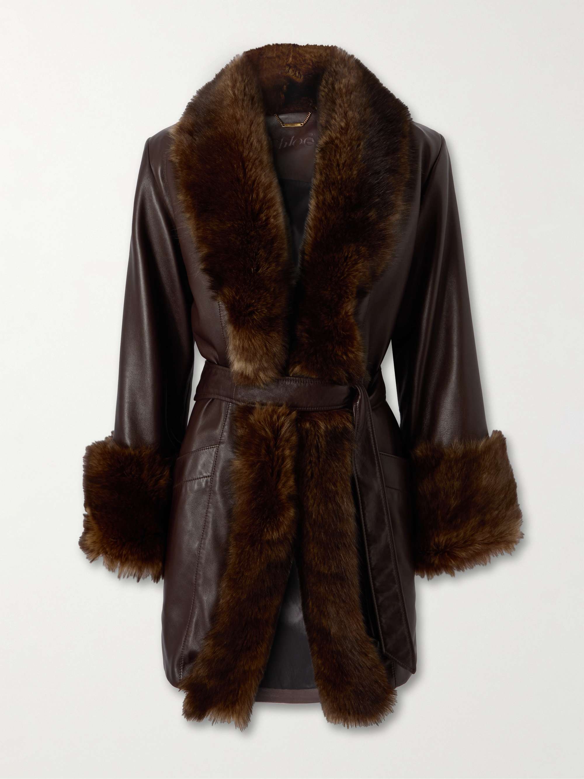 Oversized belted shearling-trimmed leather coat view