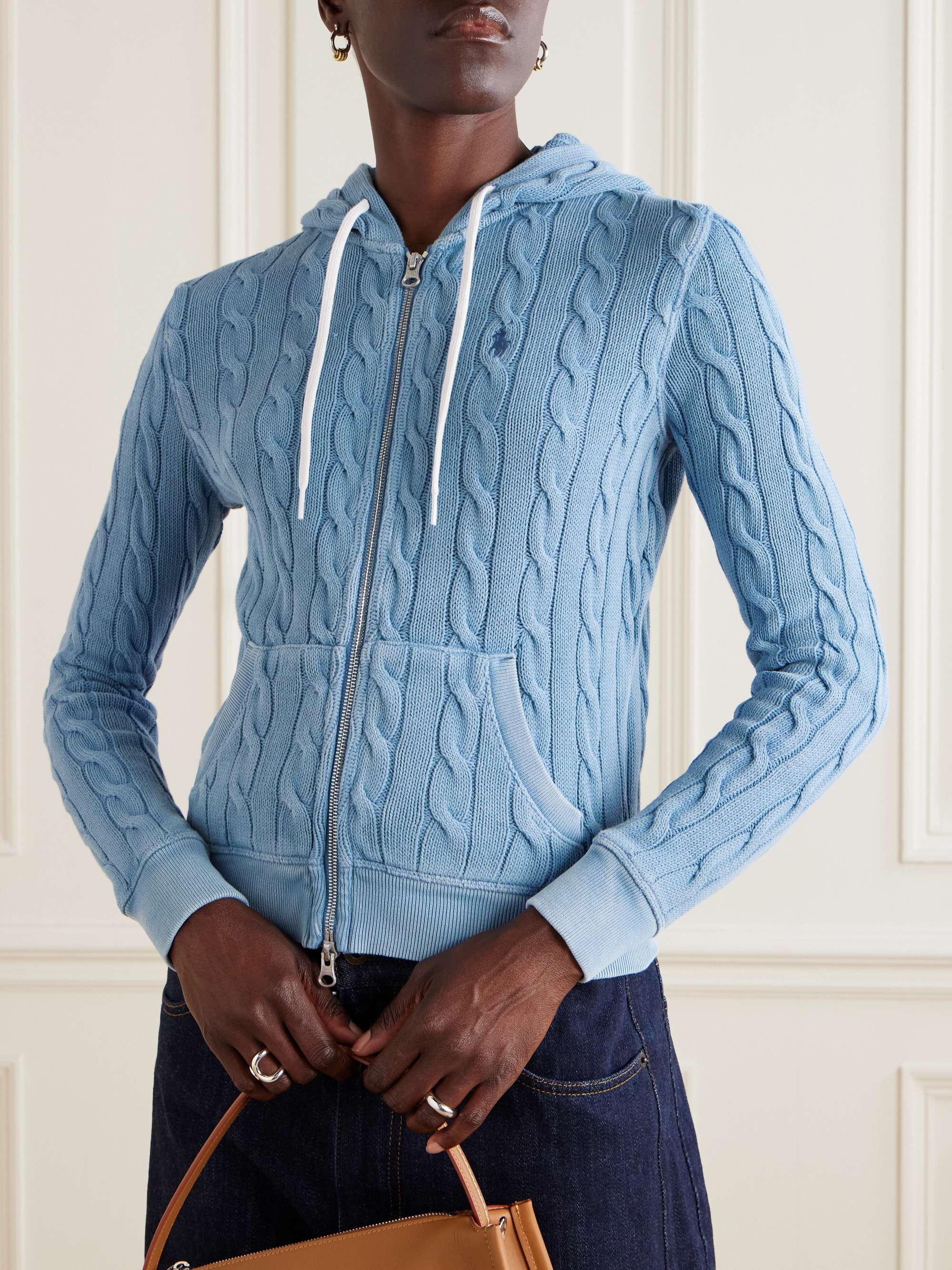 Hooded embroidered cable-knit cotton cardigan view