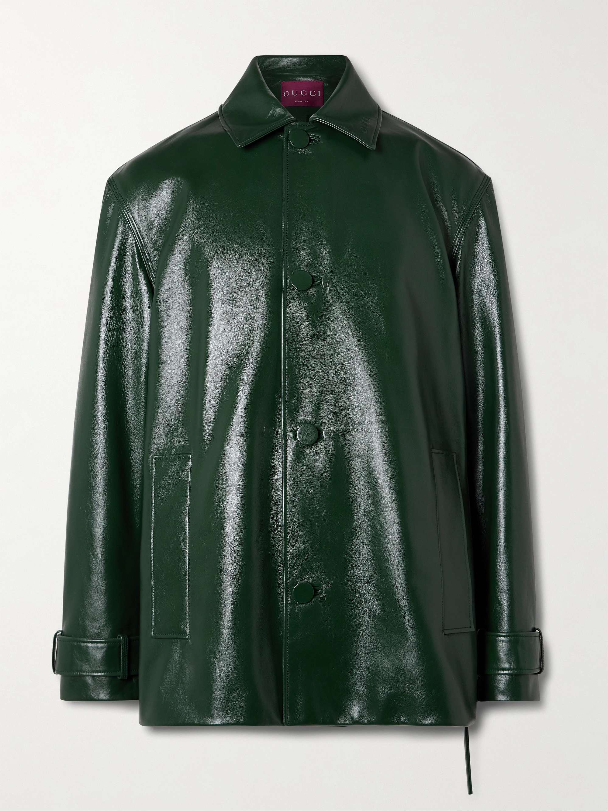 Logo-Embossed Belted Leather Jacket view