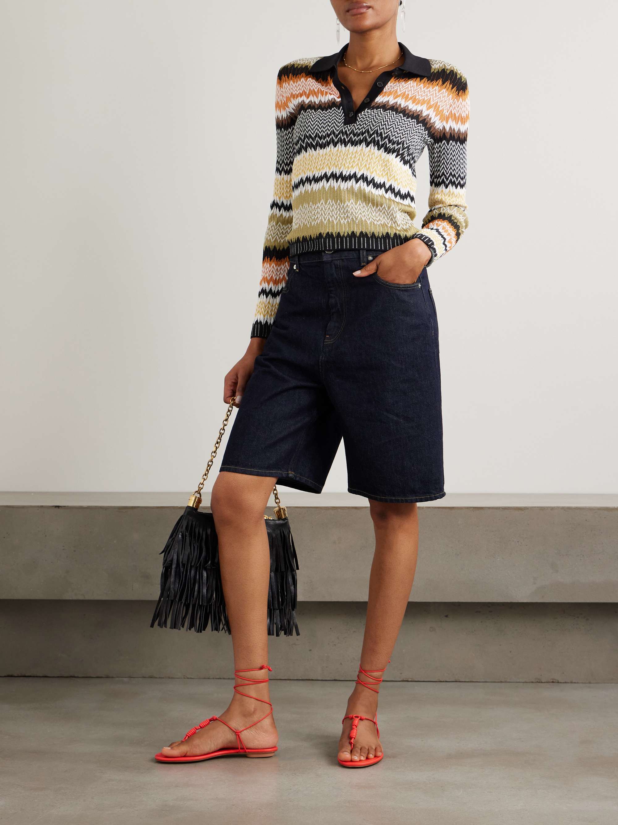 Striped crochet-knit polo shirt view
