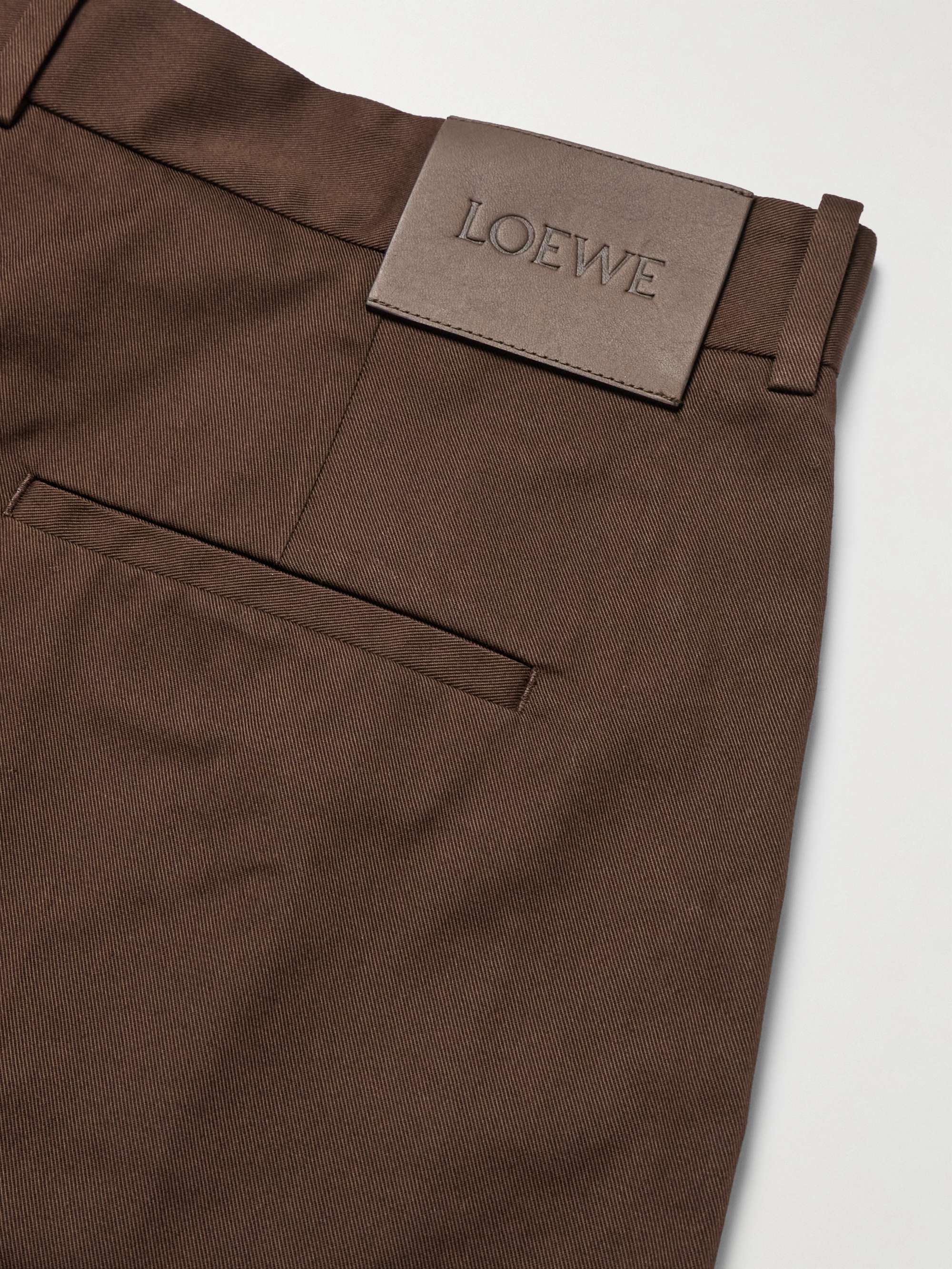 Straight-Leg Pleated Leather-Trimmed Cotton-Twill Trousers view