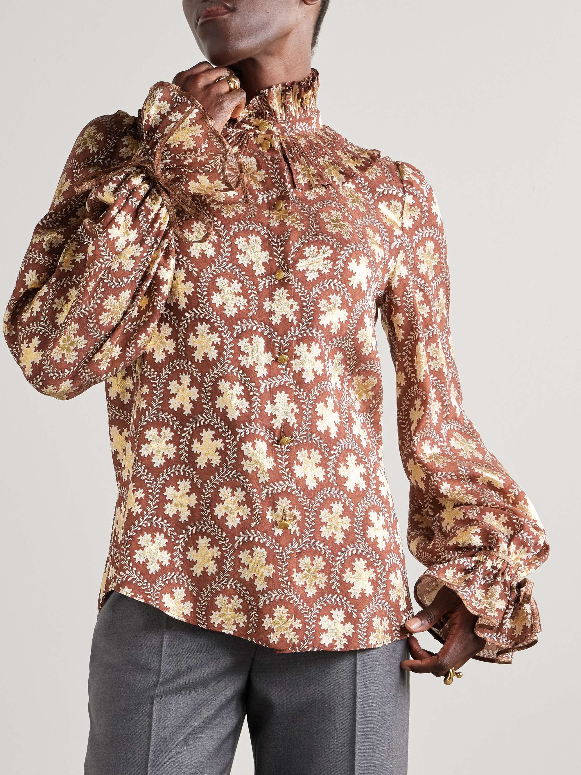 Ruffled metallic silk-blend jacquard blouse view