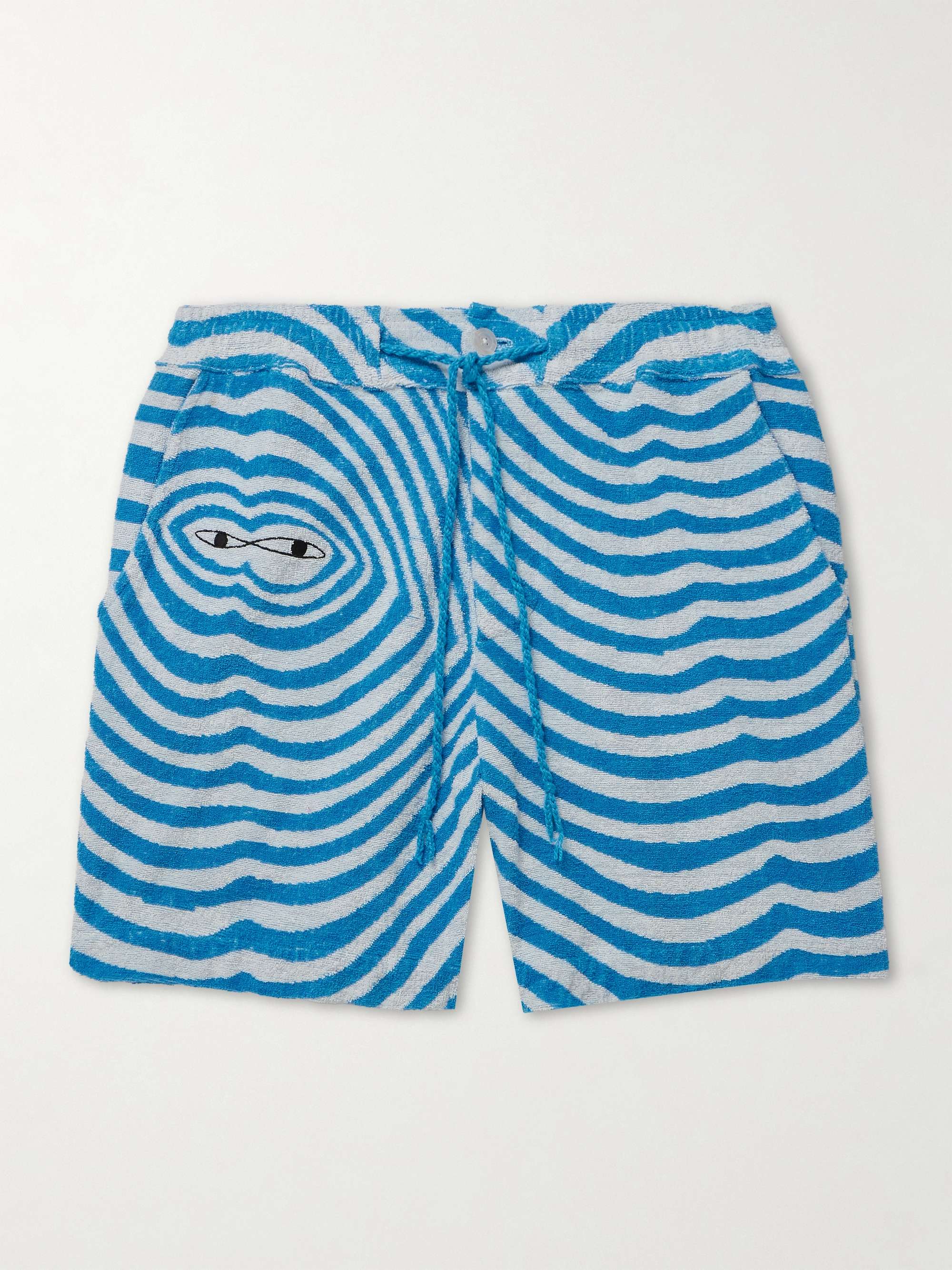 Straight-Leg Embroidered Striped Organic Cotton-Terry Drawstring Shorts view