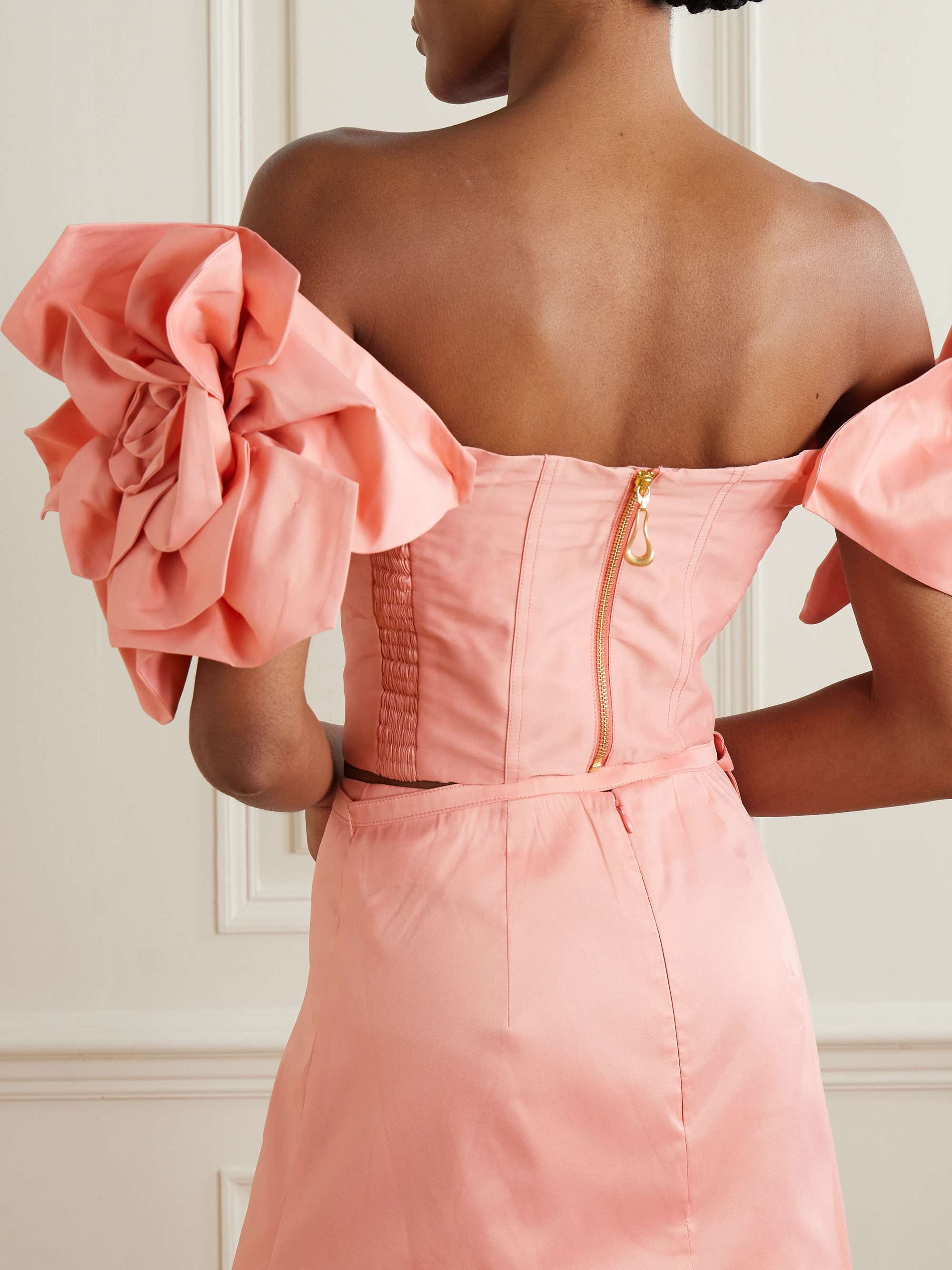 Etta appliquéd off-the-shoulder taffeta cropped top view