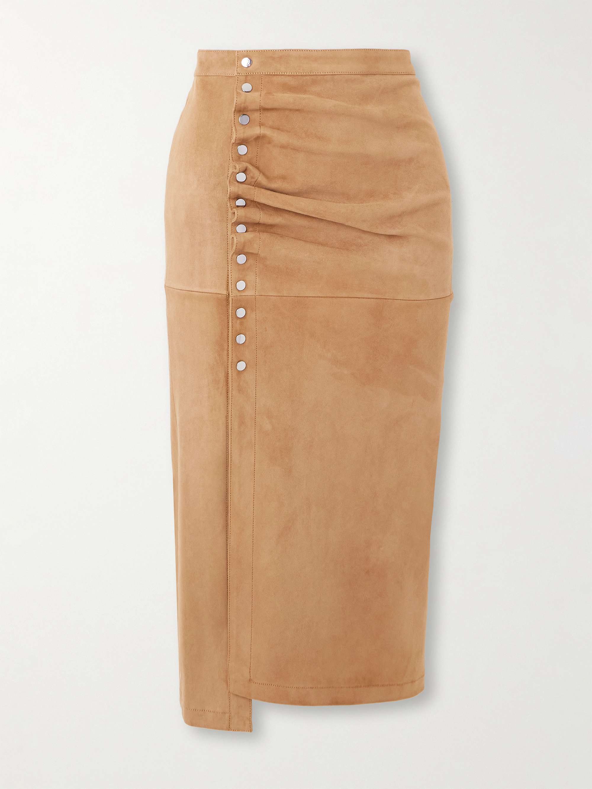 Asymmetric gathered suede midi skirt view