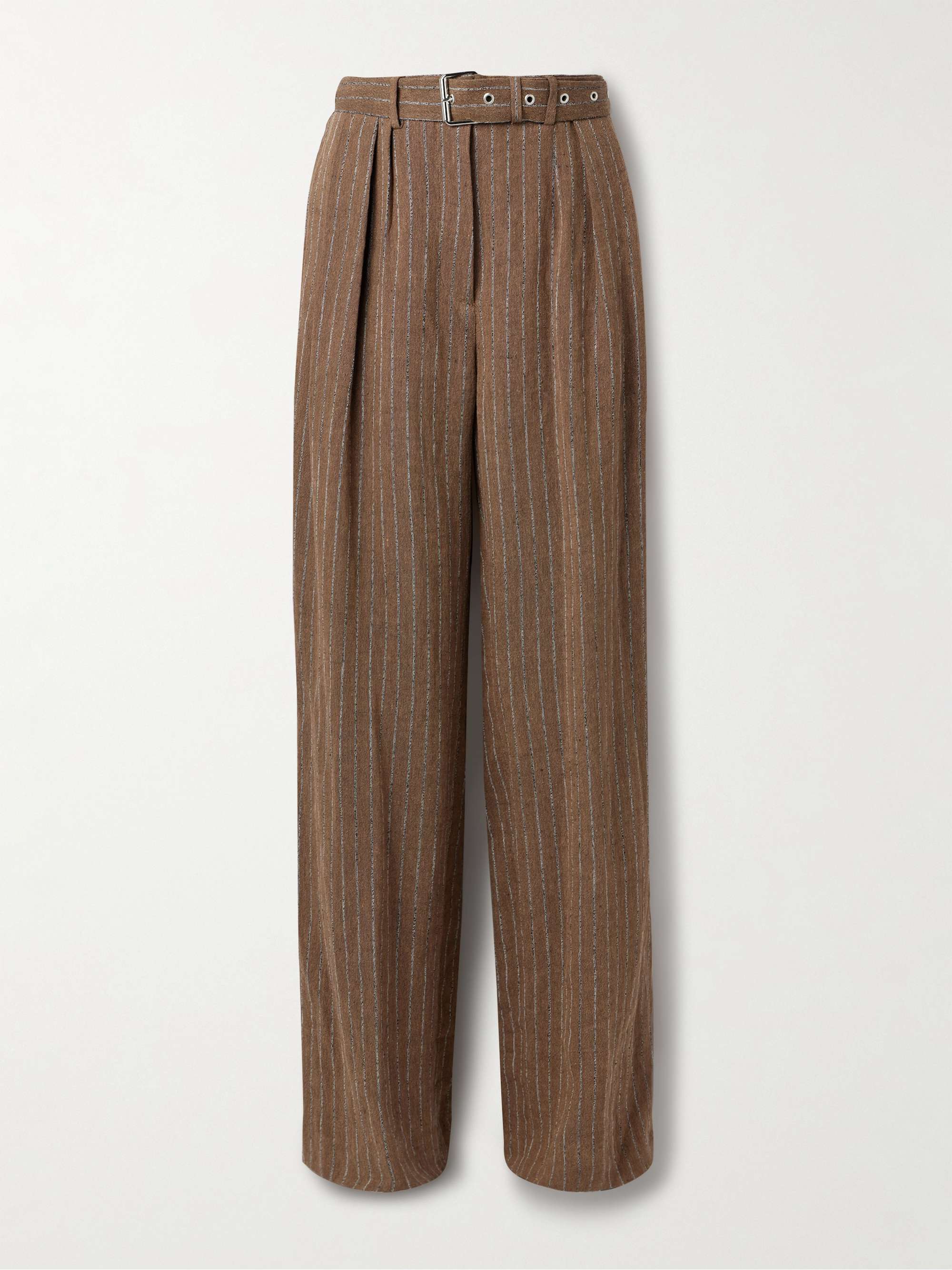 Pleated striped linen-blend wide-leg pants view