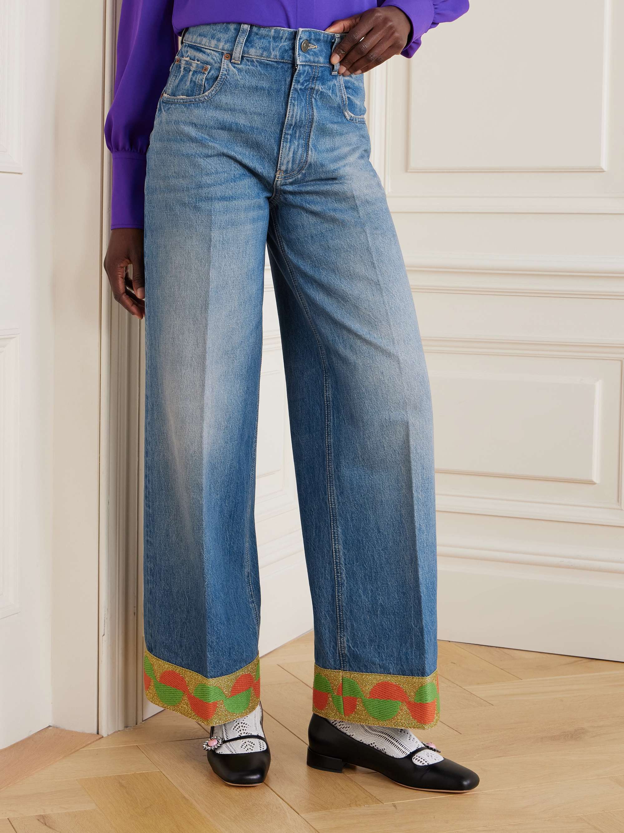 Metallic jacquard-trimmed high-rise wide-leg jeans view