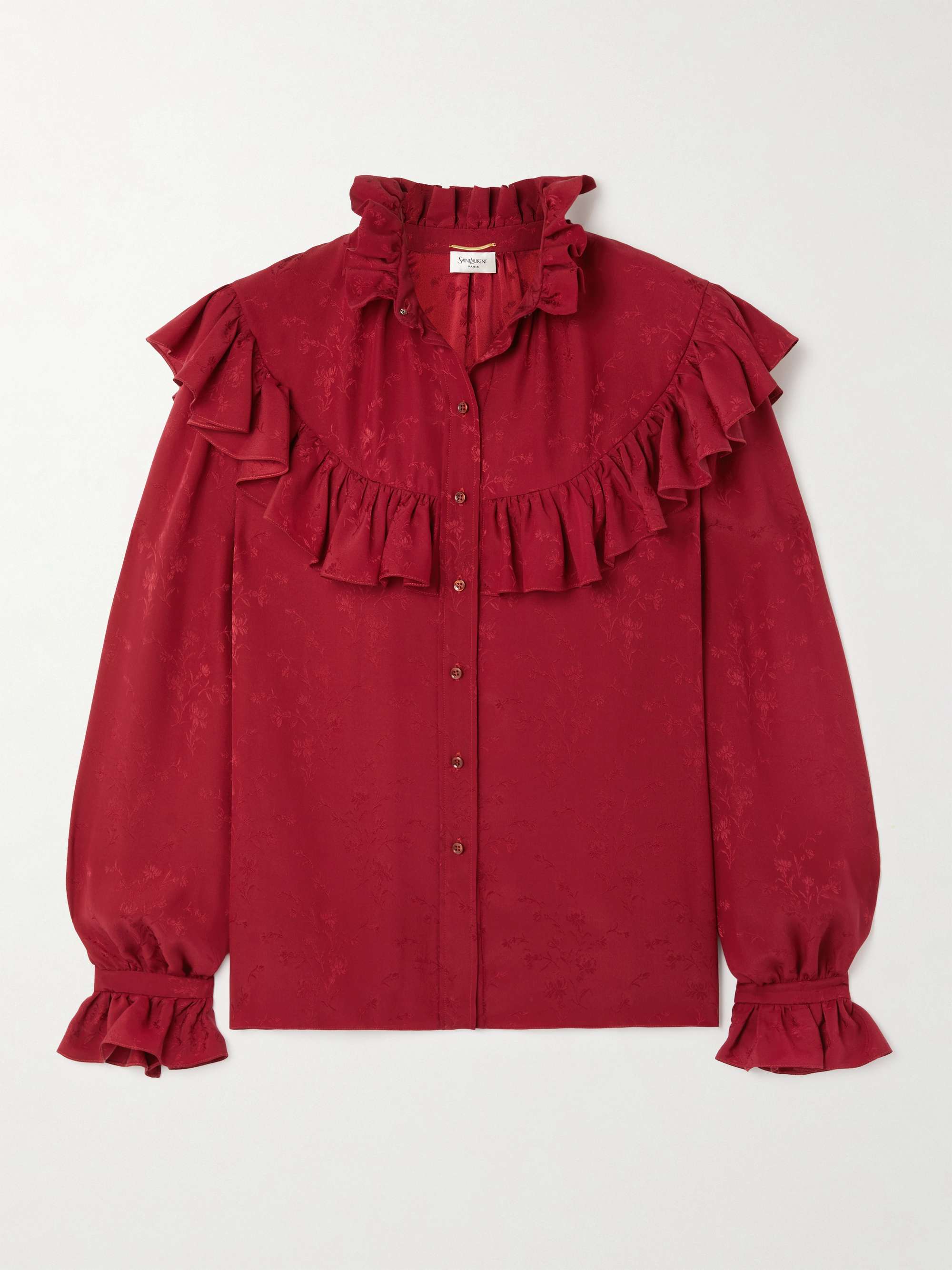 Ruffled floral silk-jacquard blouse view