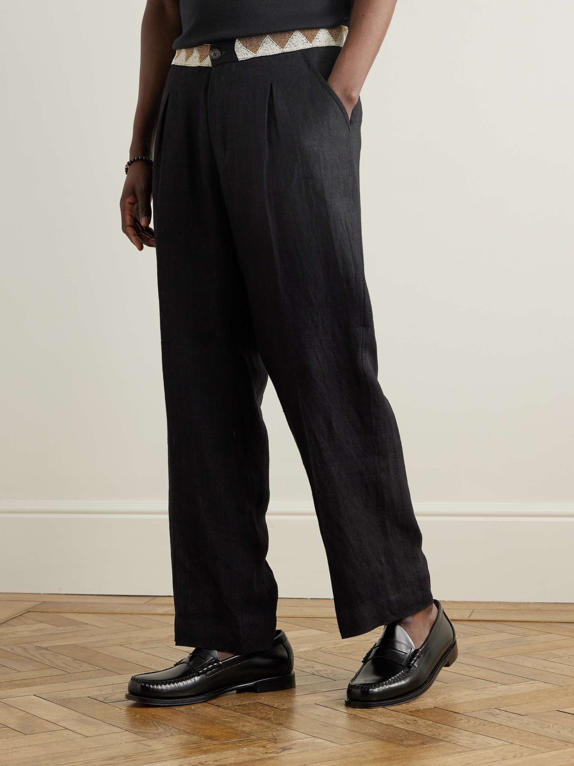 Wide-Leg Embellished Pleated Linen Trousers view