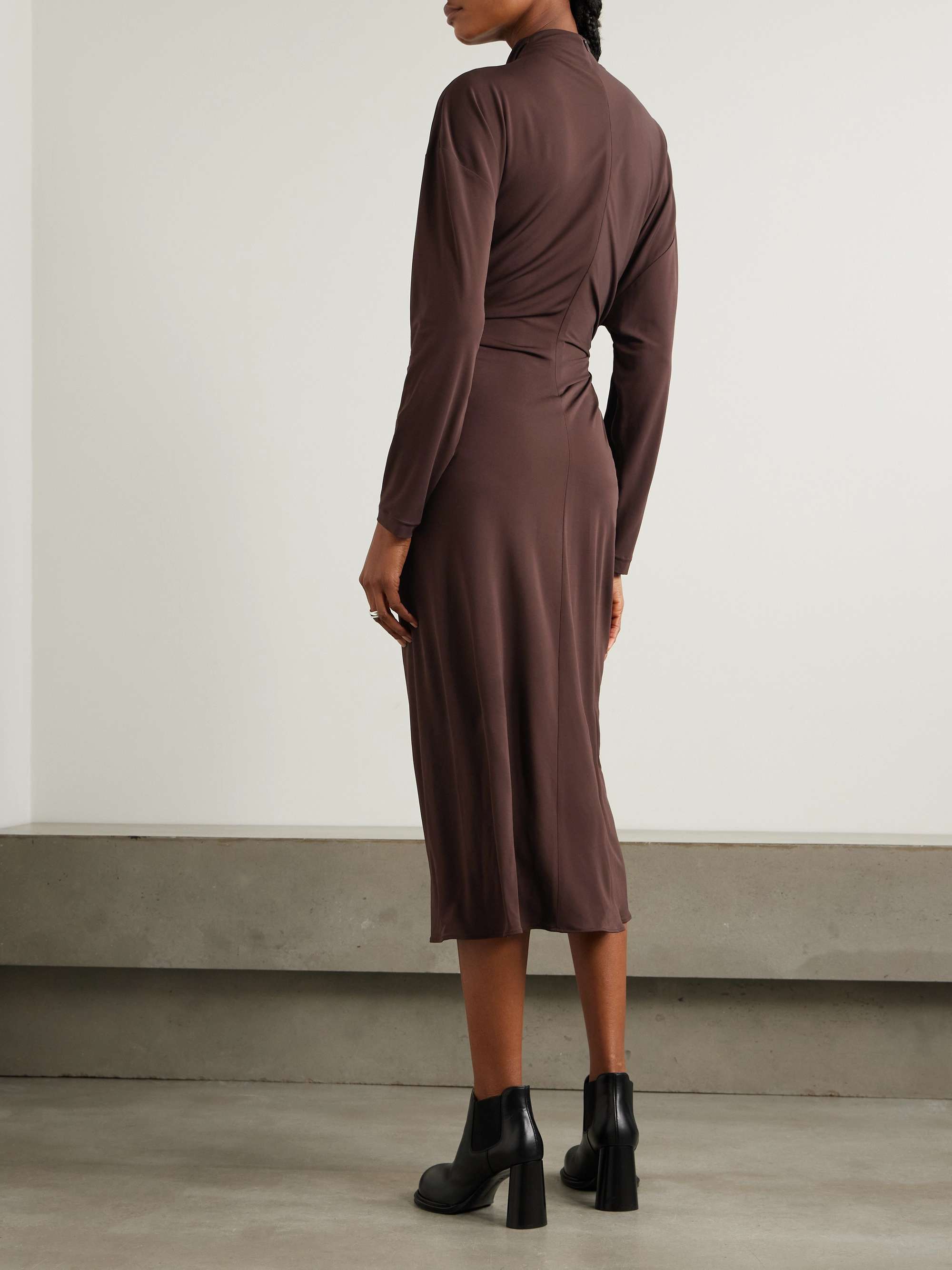 Gathered embellished crepe-jersey midi dress view