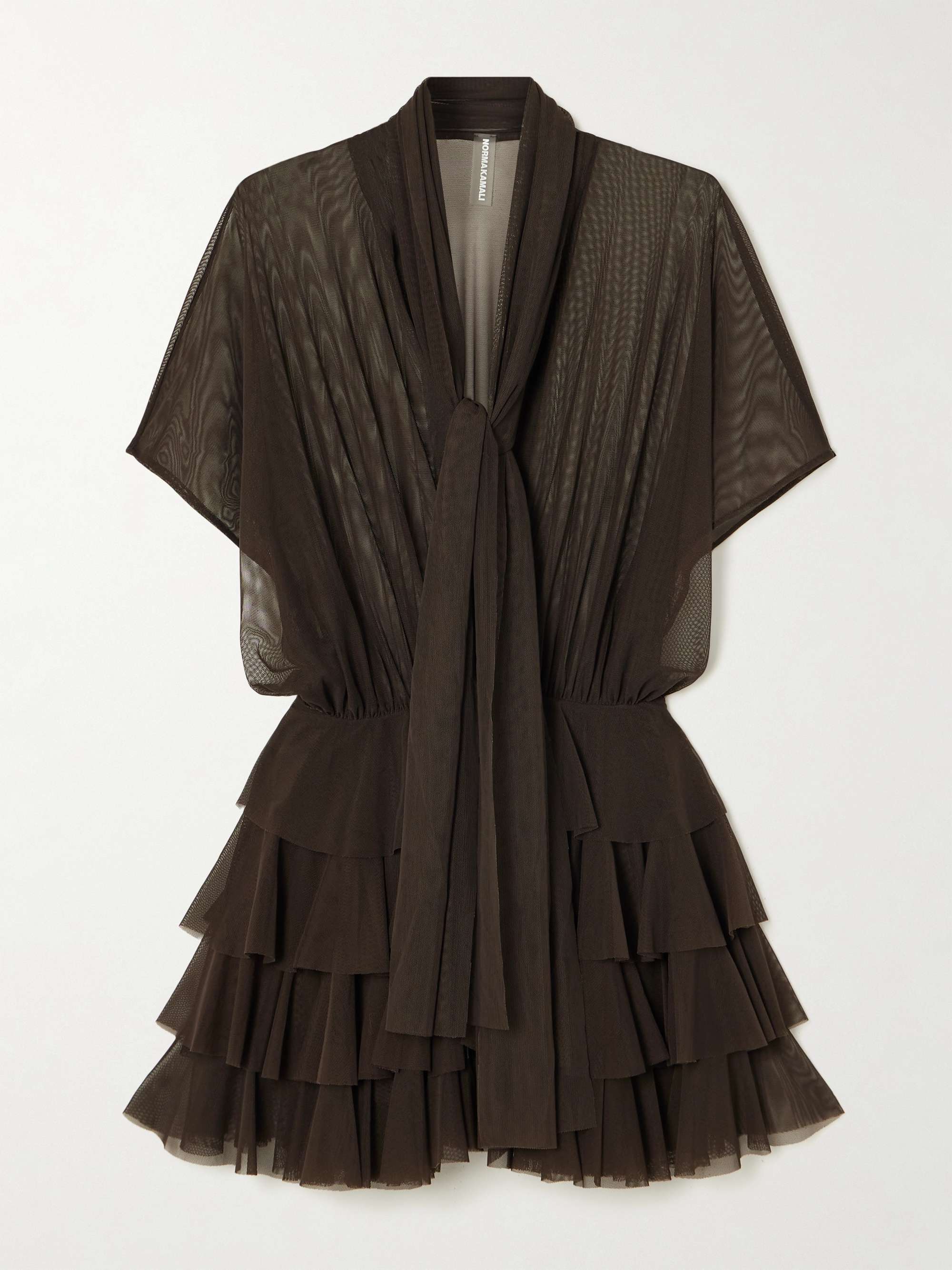Lauren tie-neck ruffled stretch-mesh mini dress view