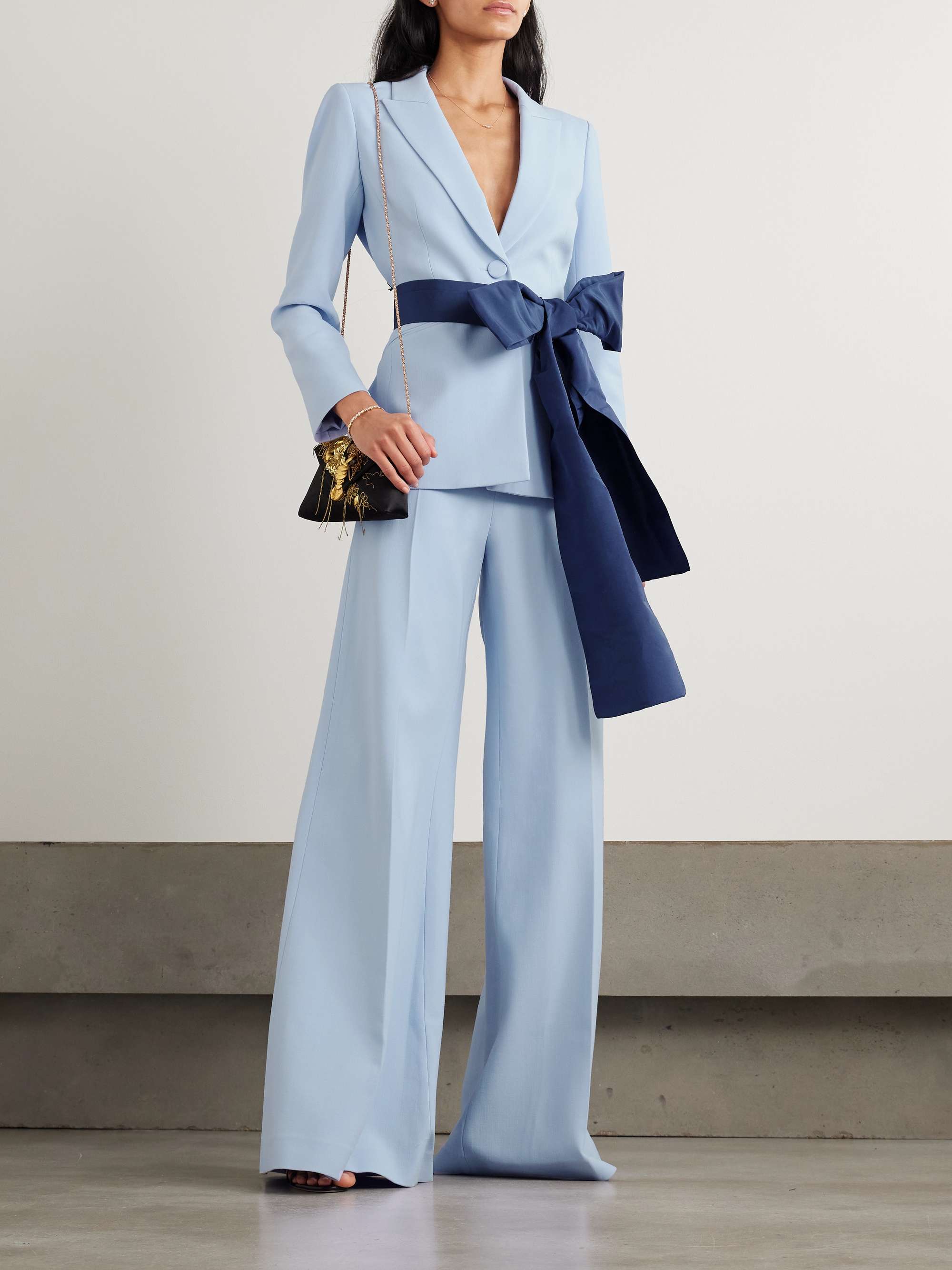 Belted wool-blend crepe blazer view