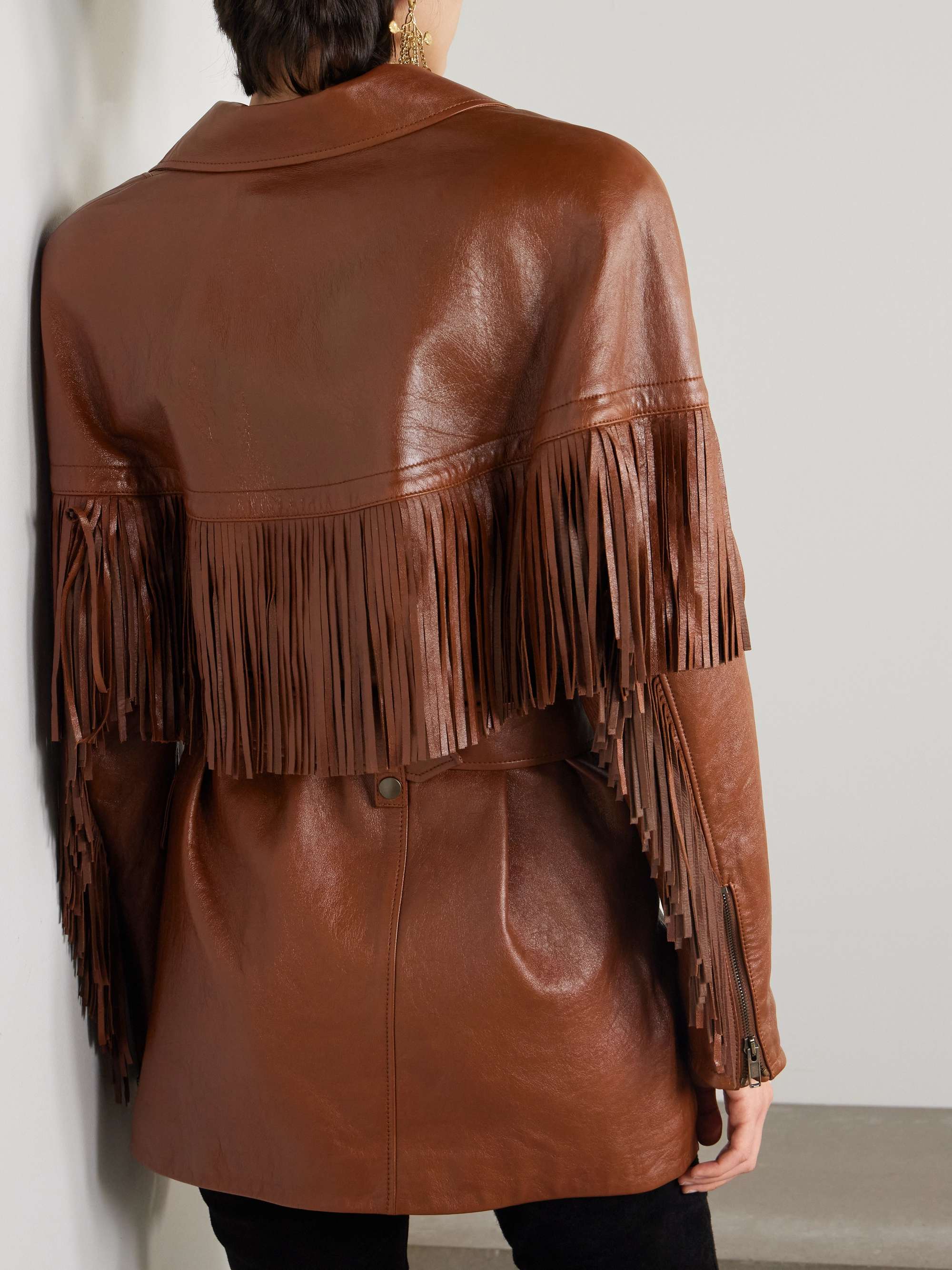 Belted fringed leather jacket view