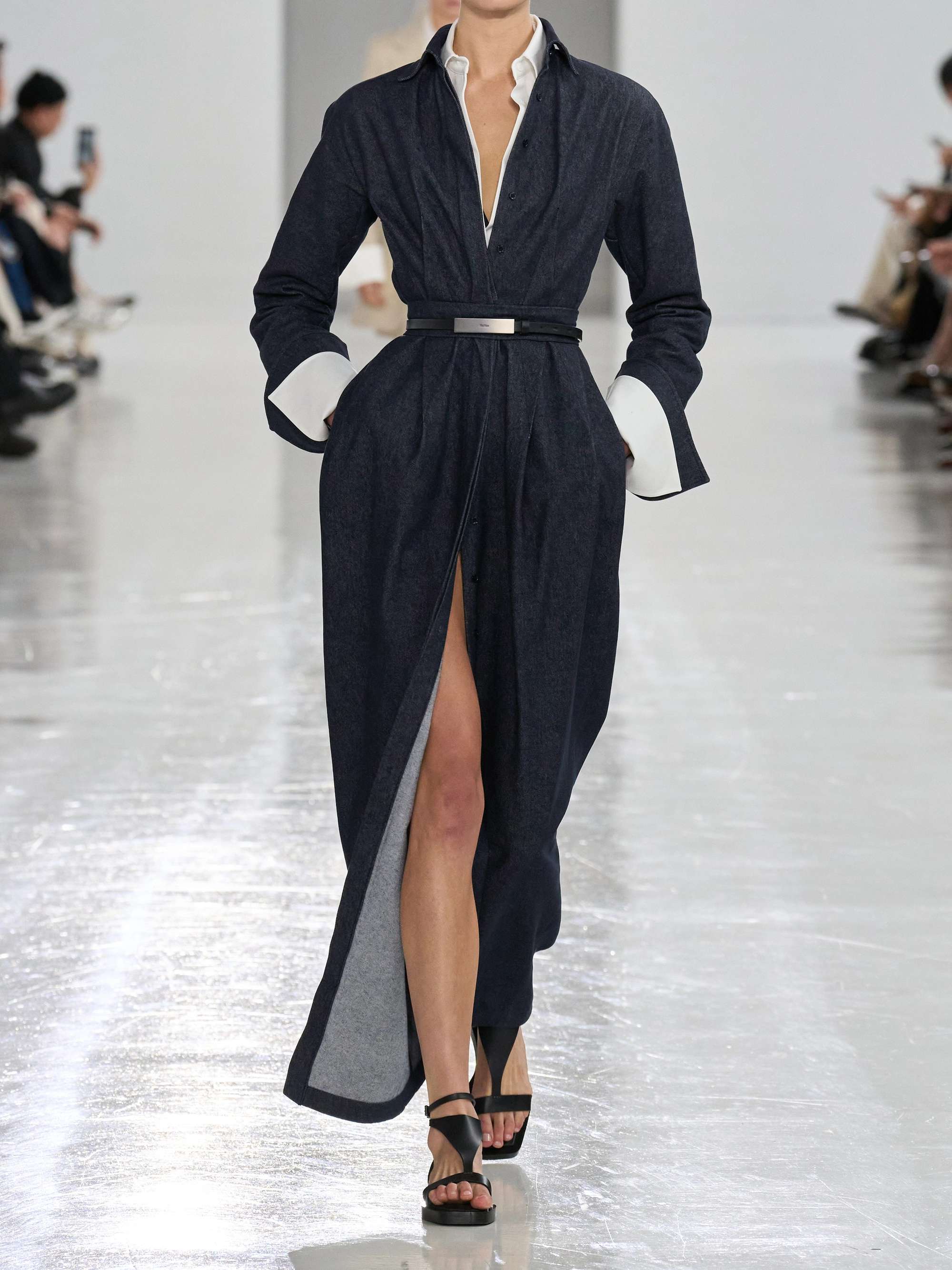 Belted pleated denim midi shirt dress view