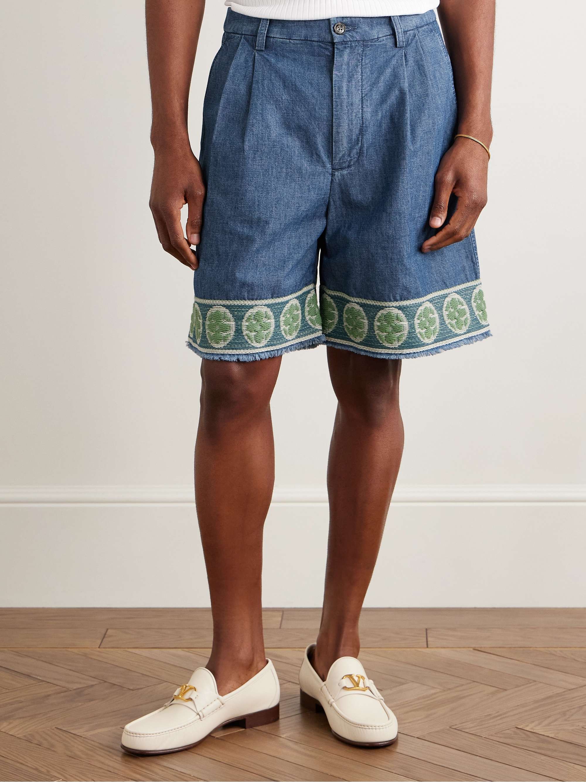 Wide-Leg Pleated Embroidered Denim Shorts view