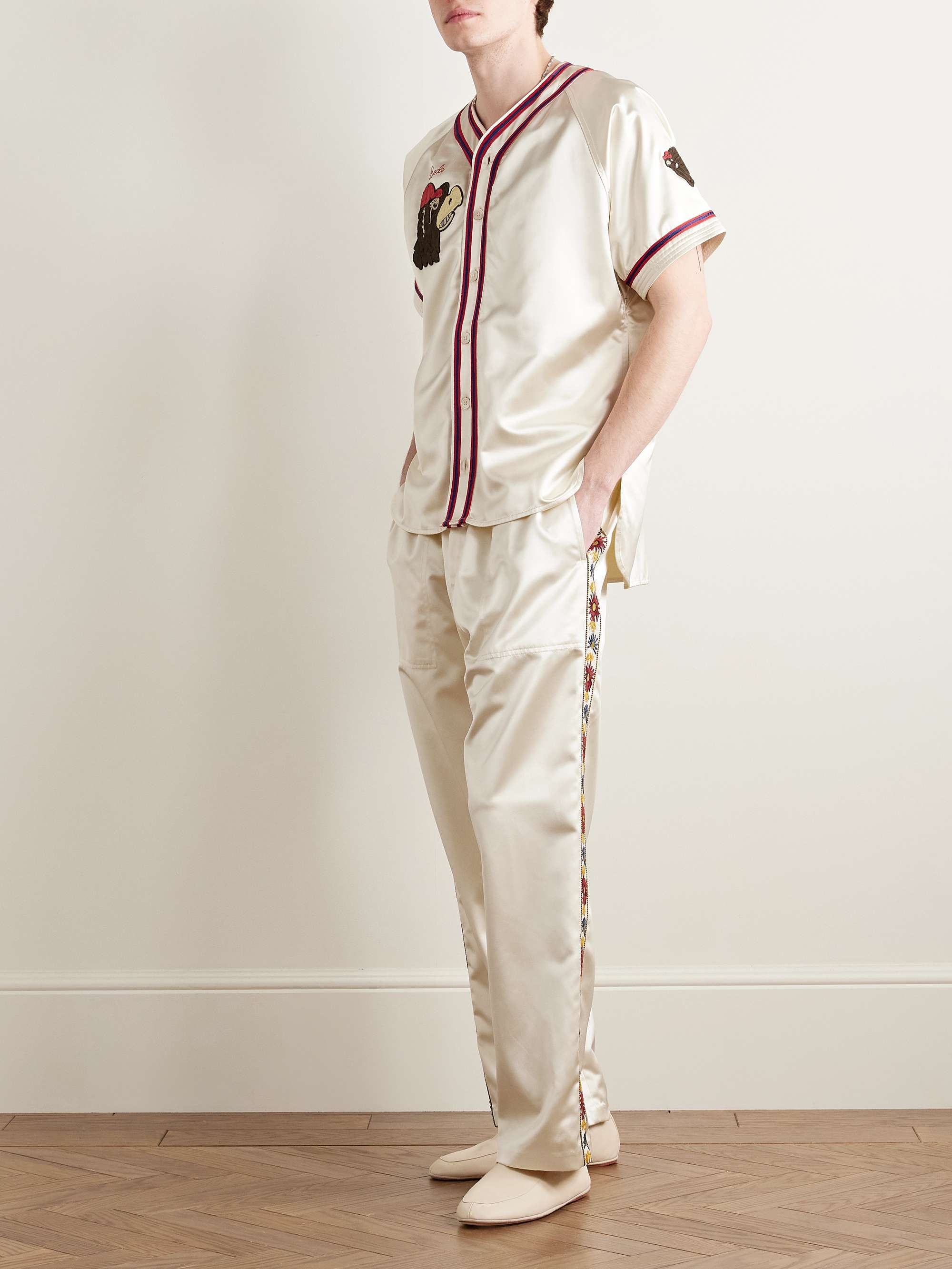 Candyfloss Straight-Leg Embroidered Voile-Trimmed Satin Track Pants view