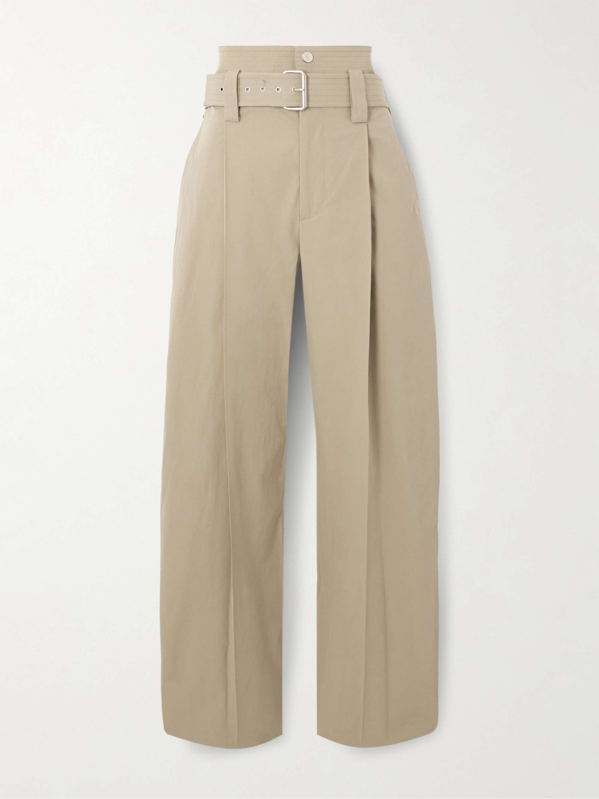 Belted pleated cotton-blend straight-leg pants view