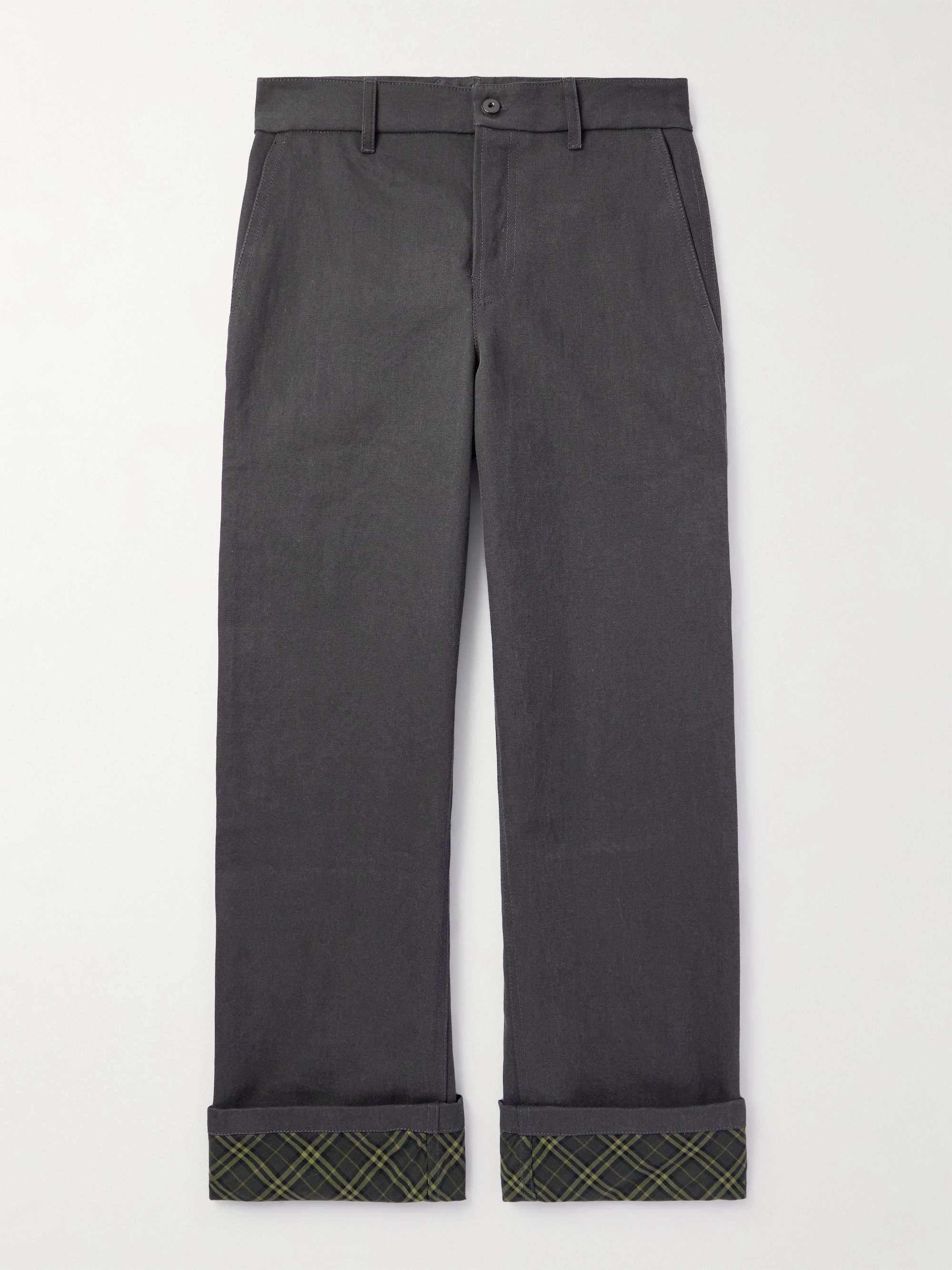 Wide-Leg Checked Twill-Trimmed Cotton-Canvas Trousers view