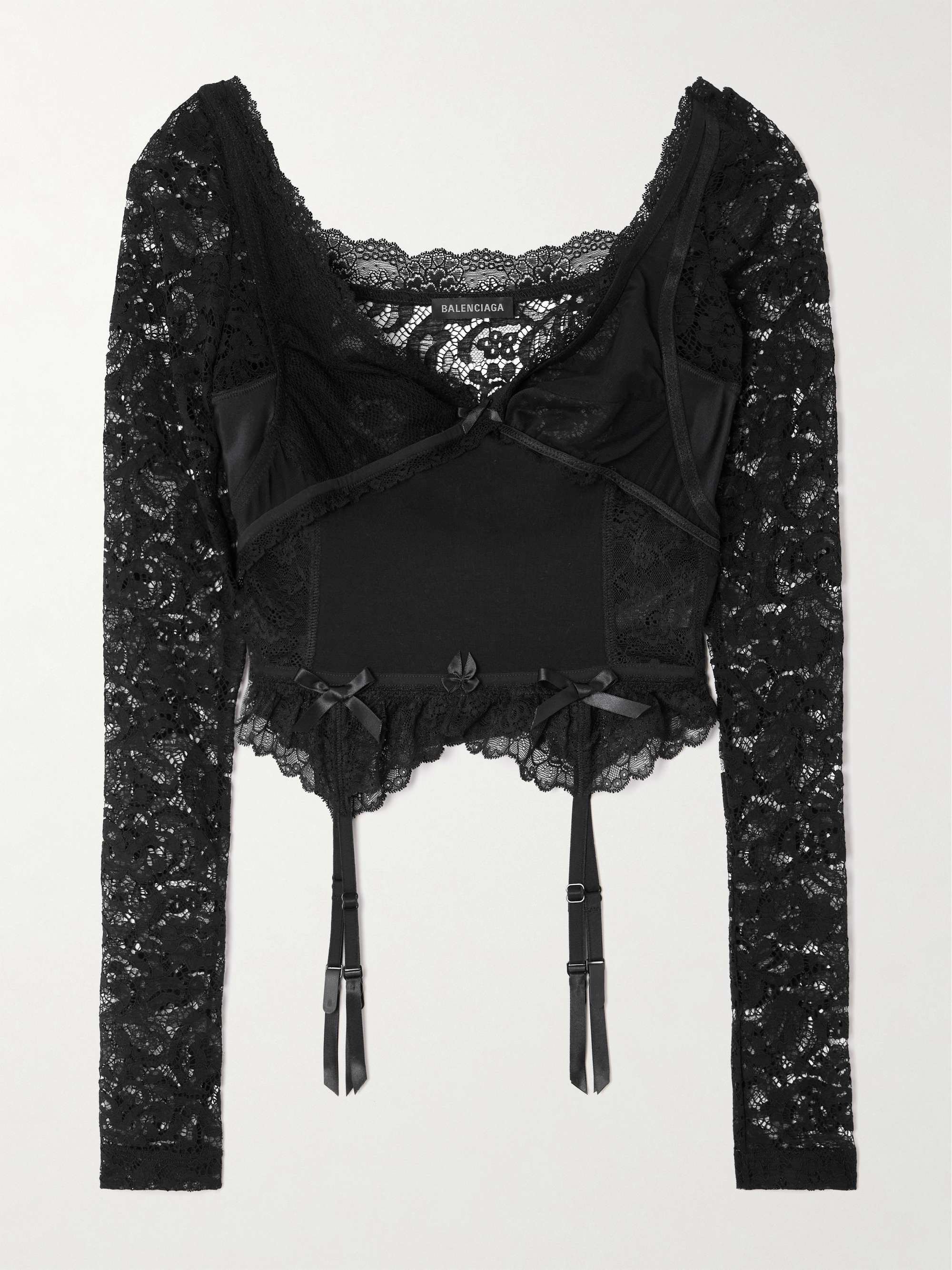 Cropped jersey and tulle-trimmed lace top view