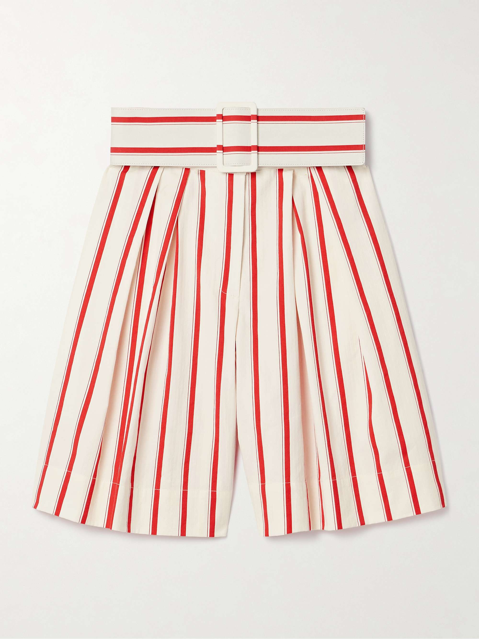 Belted pleated striped herringbone cotton-blend shorts view