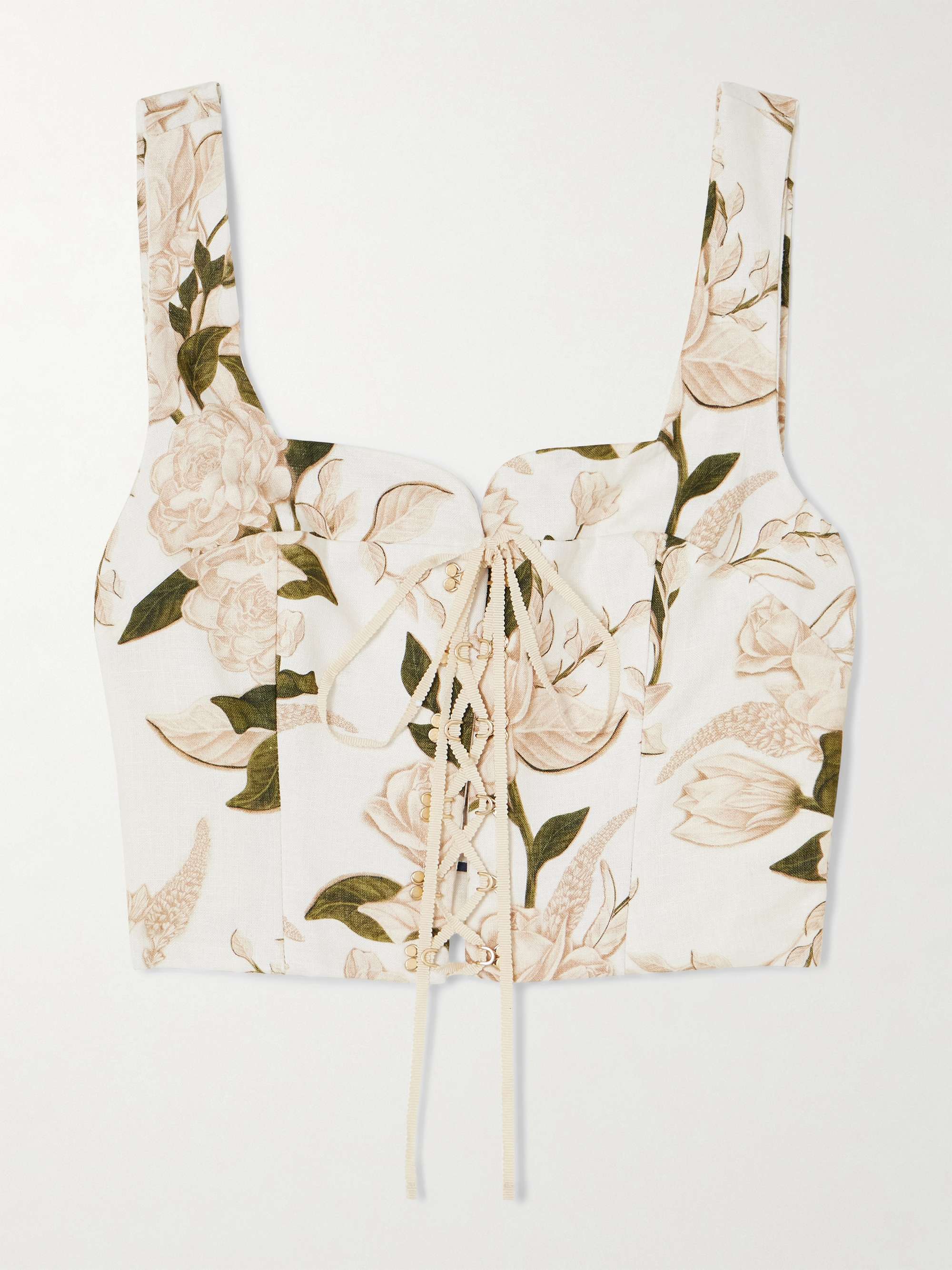 Reserva cropped lace-up floral-print linen bustier top view