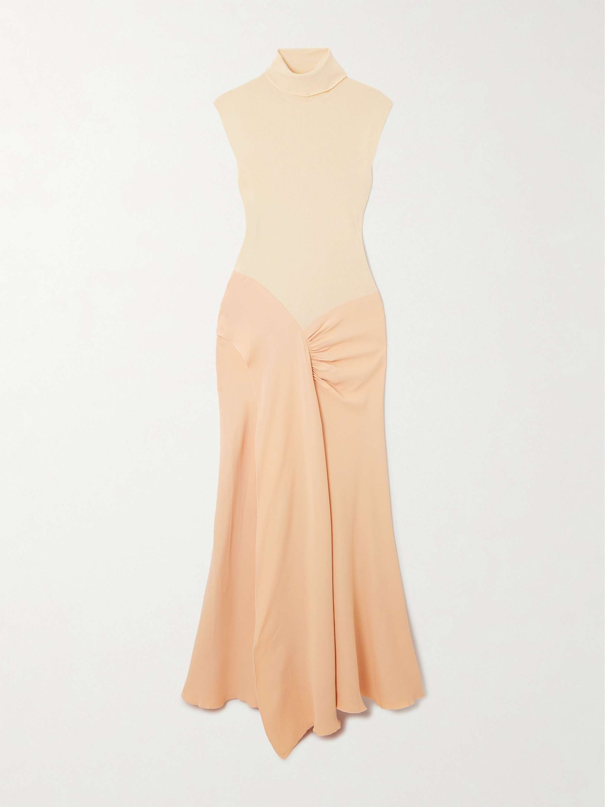 Asymmetric draped gathered ribbed-knit and crepe midi dress view