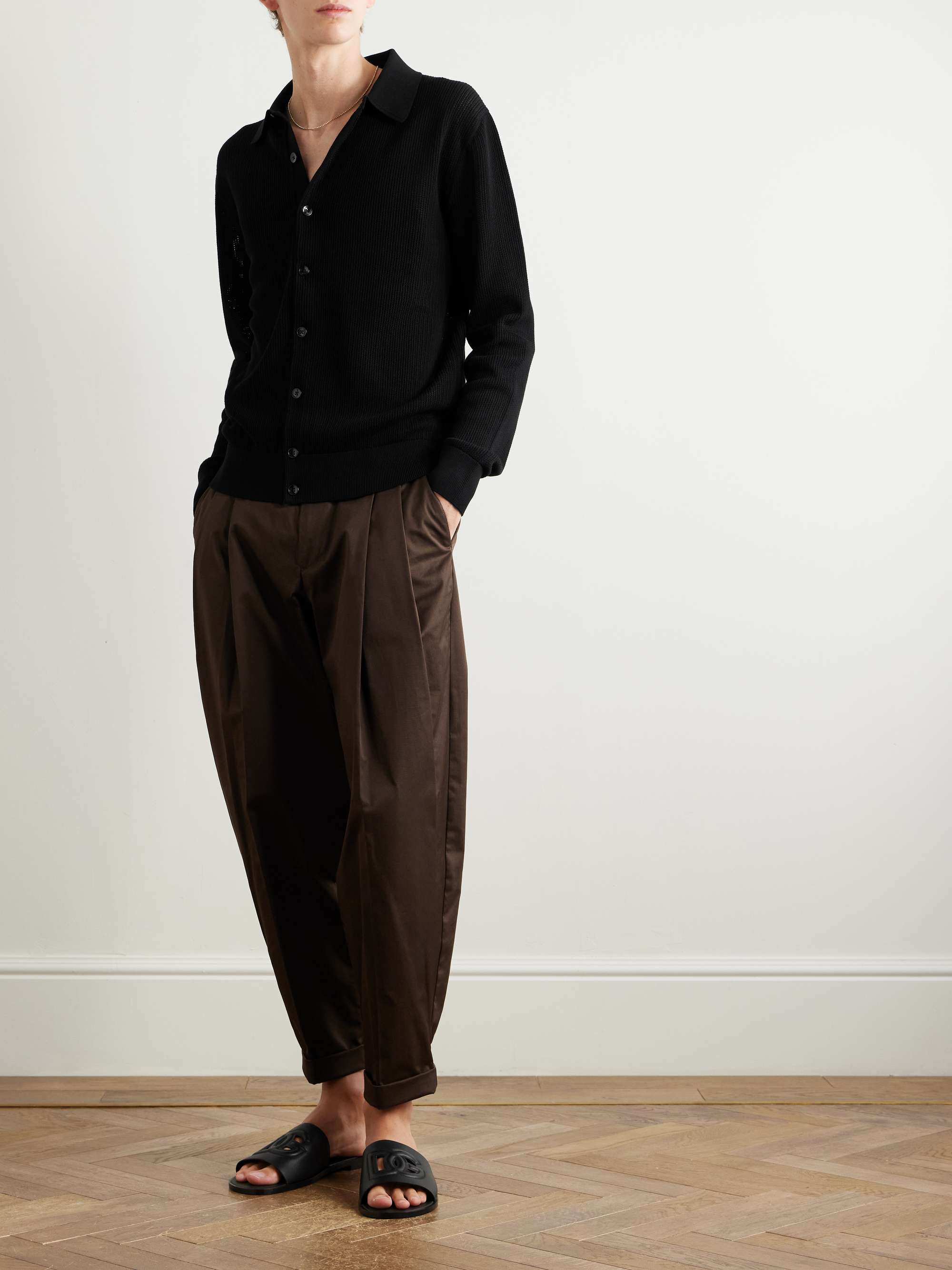 Tapered Pleated Cotton-Blend Gabardine Trousers view