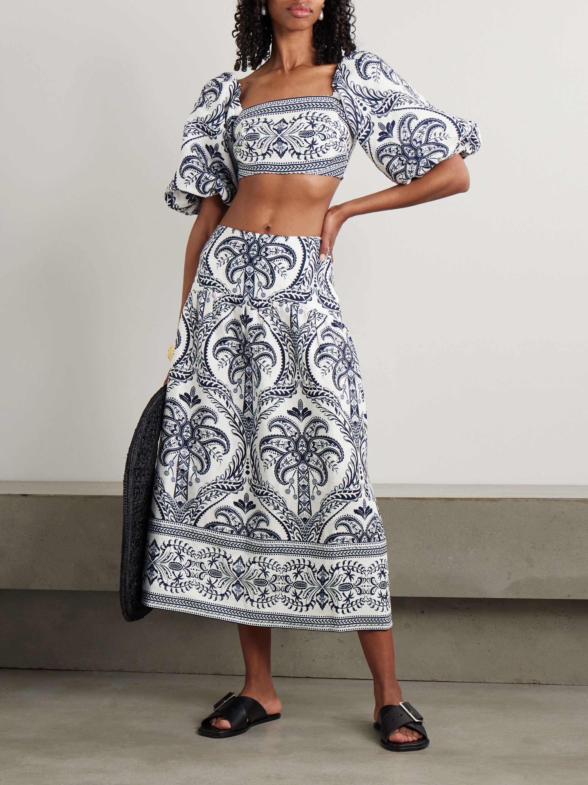 Tripical Cameo shirred printed linen midi skirt view