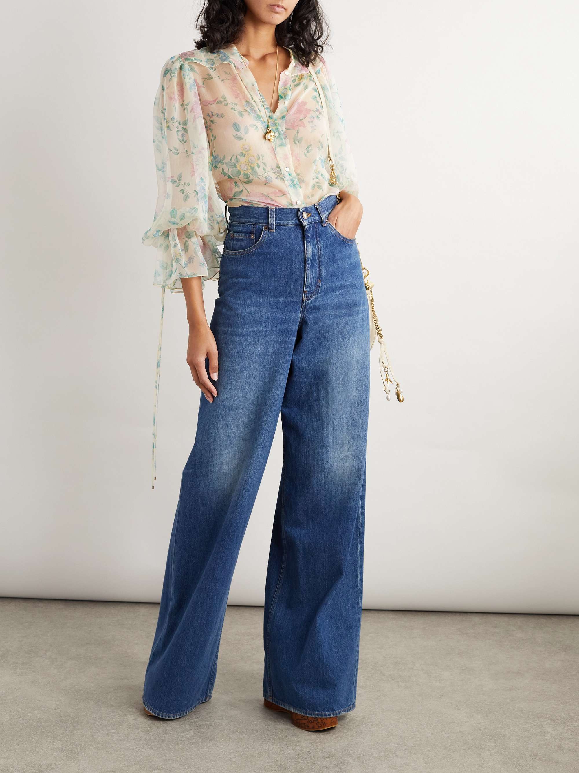 Ruffled floral-print silk-chiffon shirt view