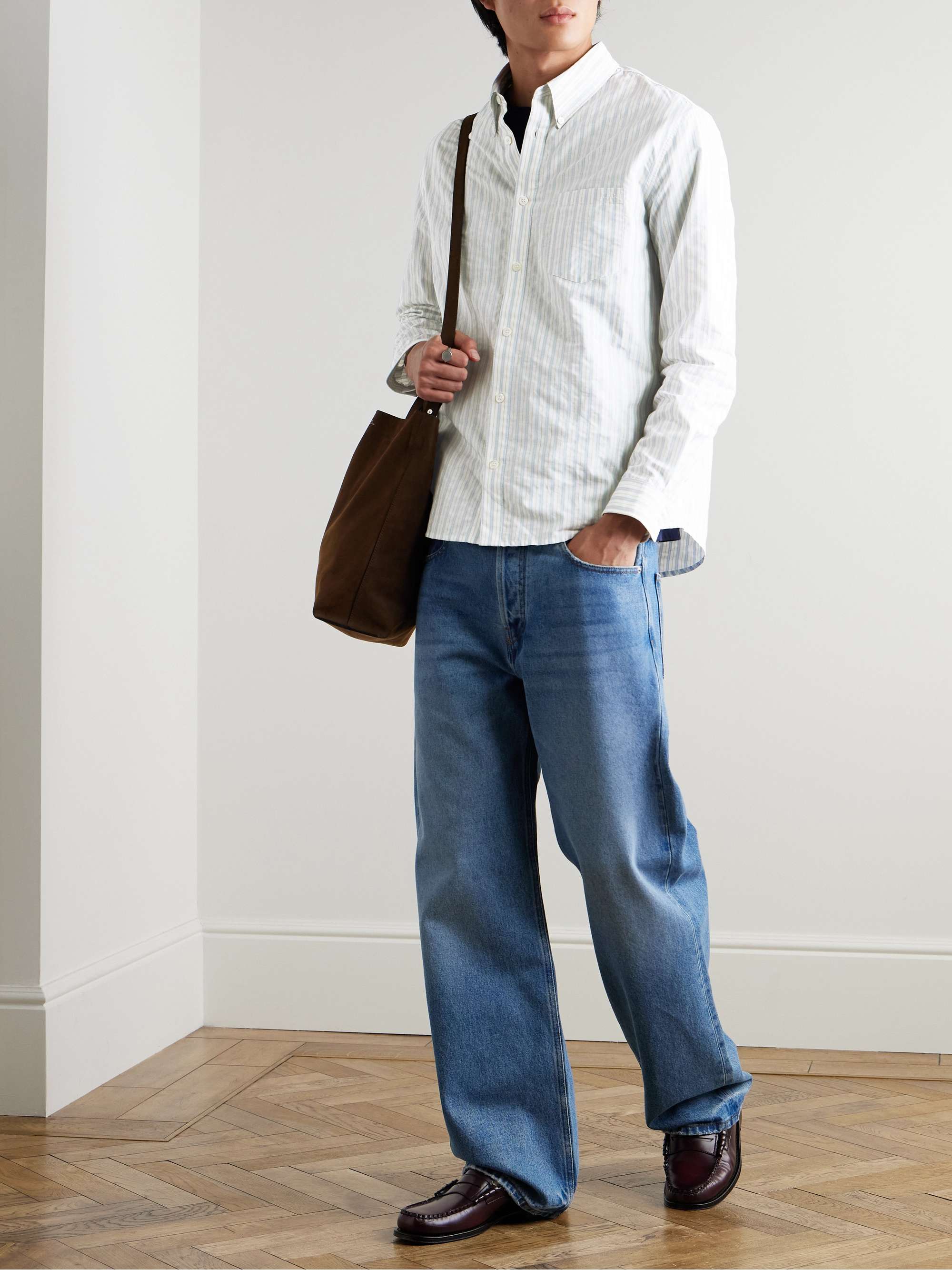 Edouard Button-Down Logo-Embroidered Cotton-Chambray Shirt view