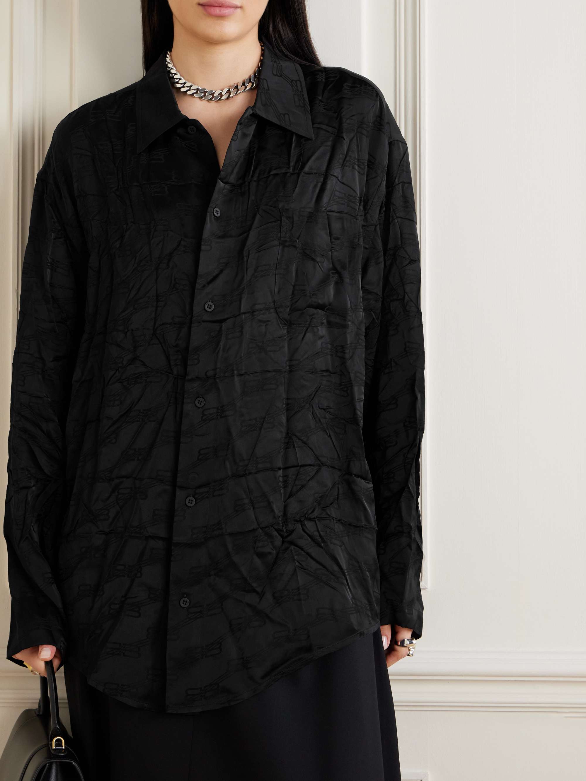 Embroidered crinkled-satin shirt view