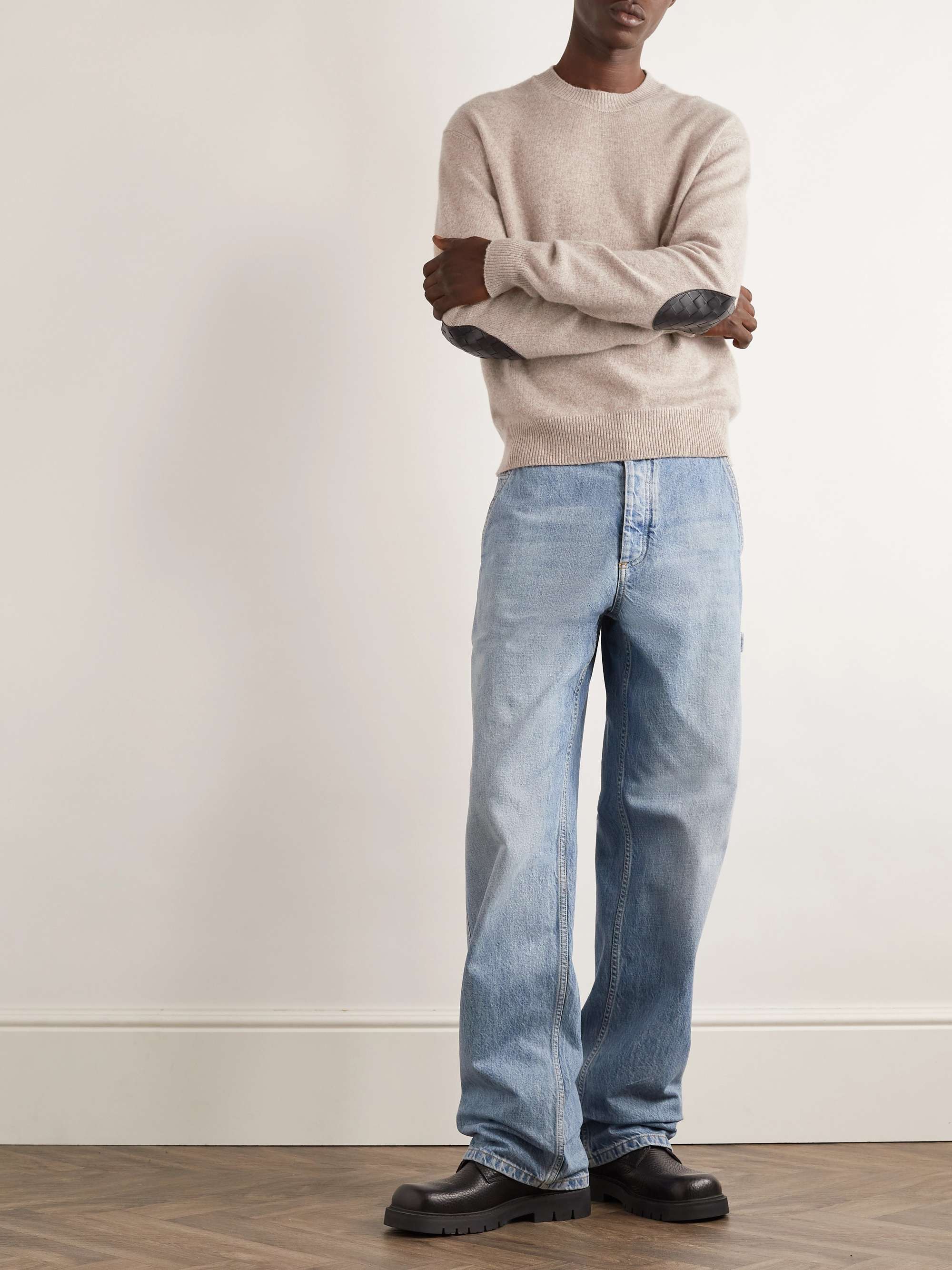 Intrecciato Leather-Trimmed Cashmere-Blend Sweater view