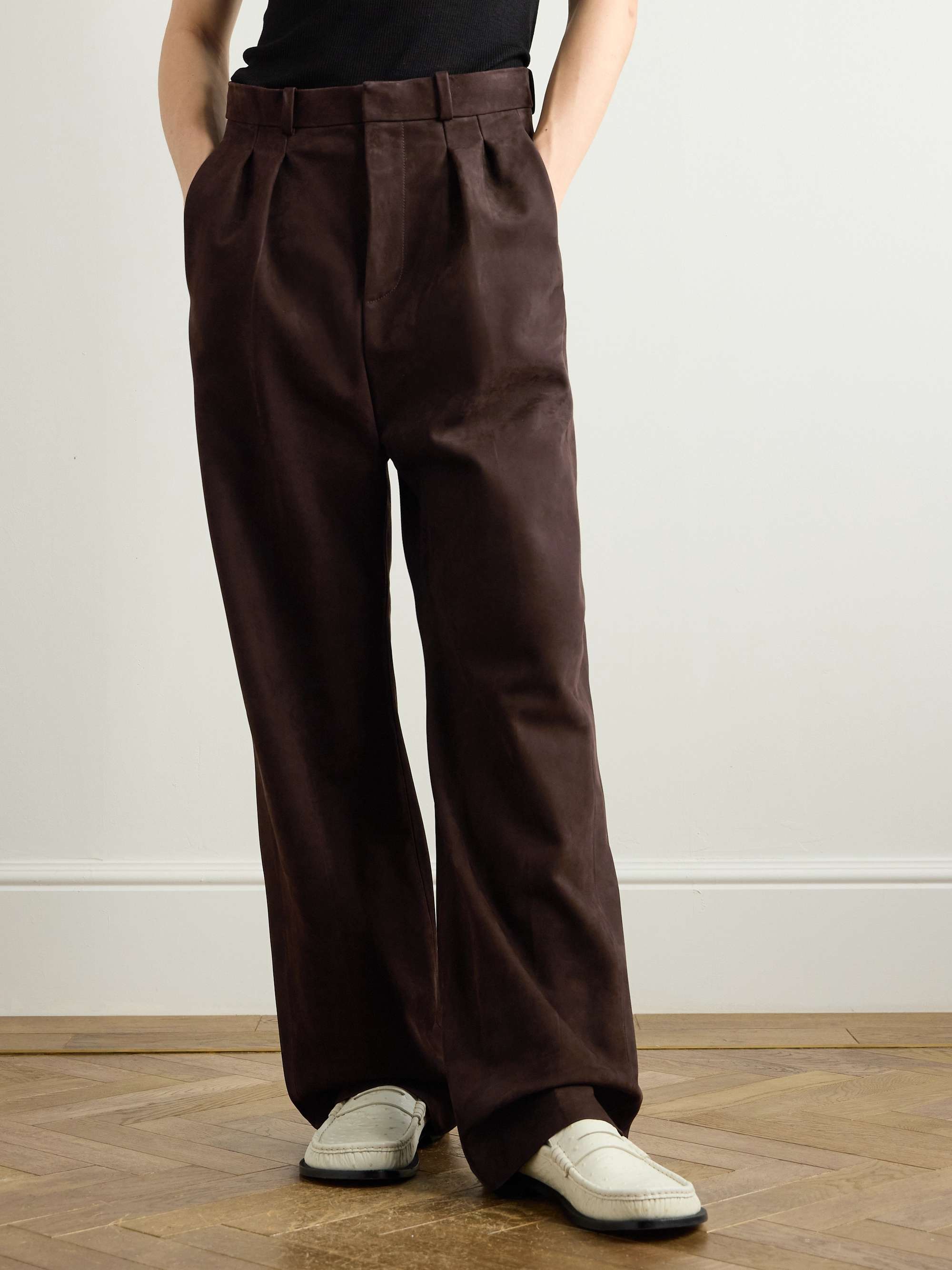 Wide-Leg Pleated Nubuck Trousers view