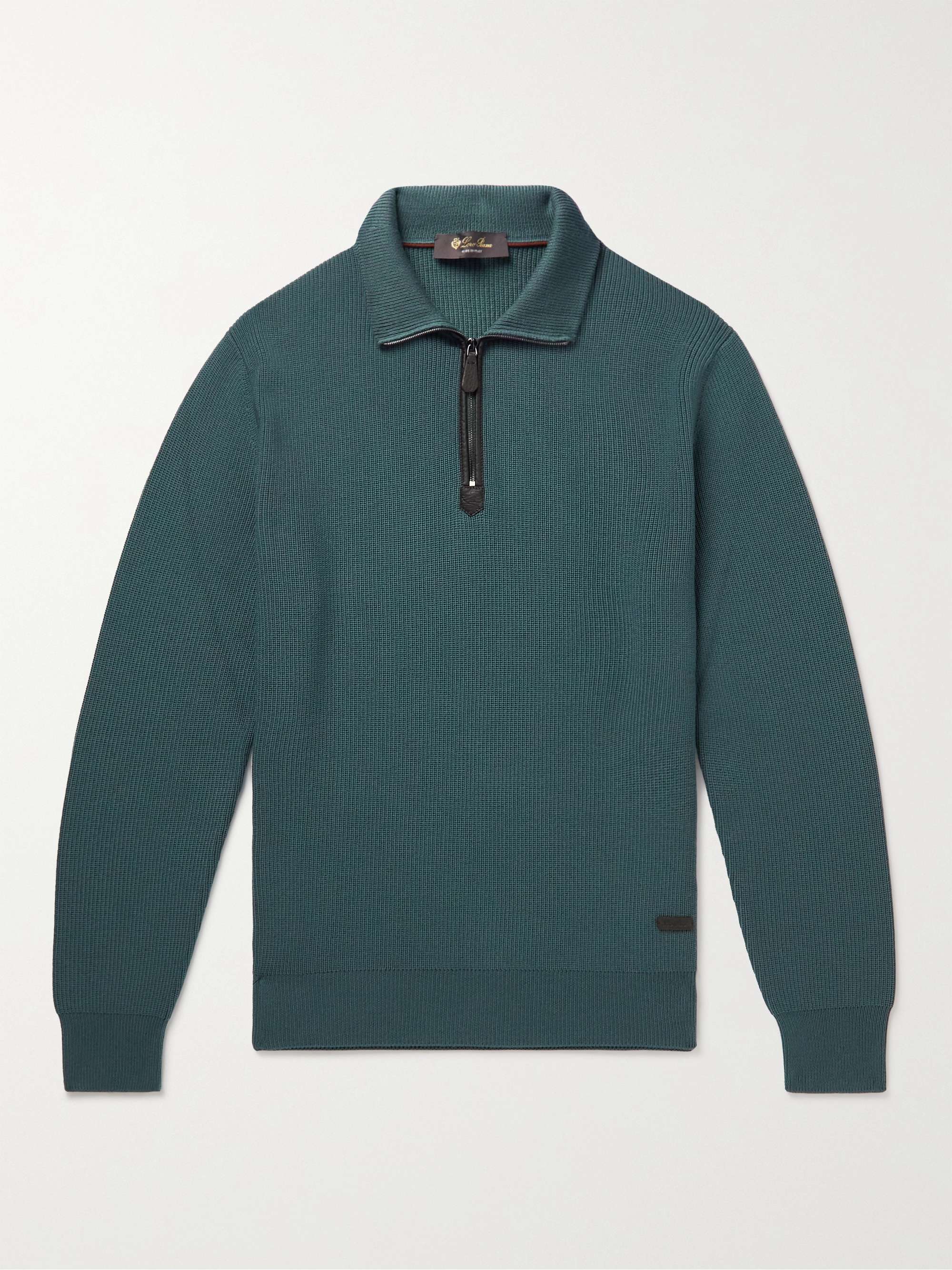 Leather-Trimmed Ribbed Wool Half-Zip Sweatshirt view