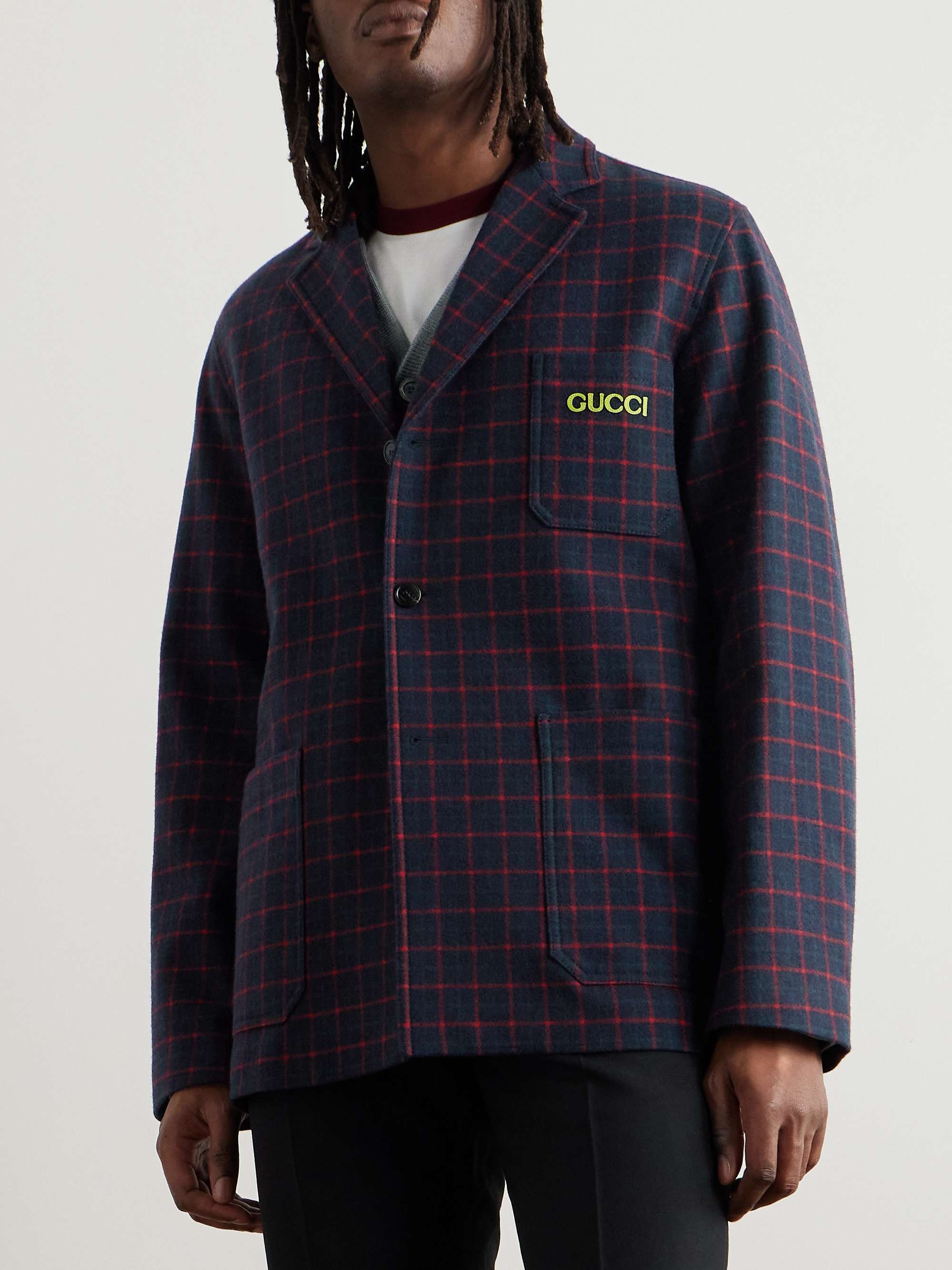 Logo-Appliquéd Checked Wool-Blend Flannel Blazer view