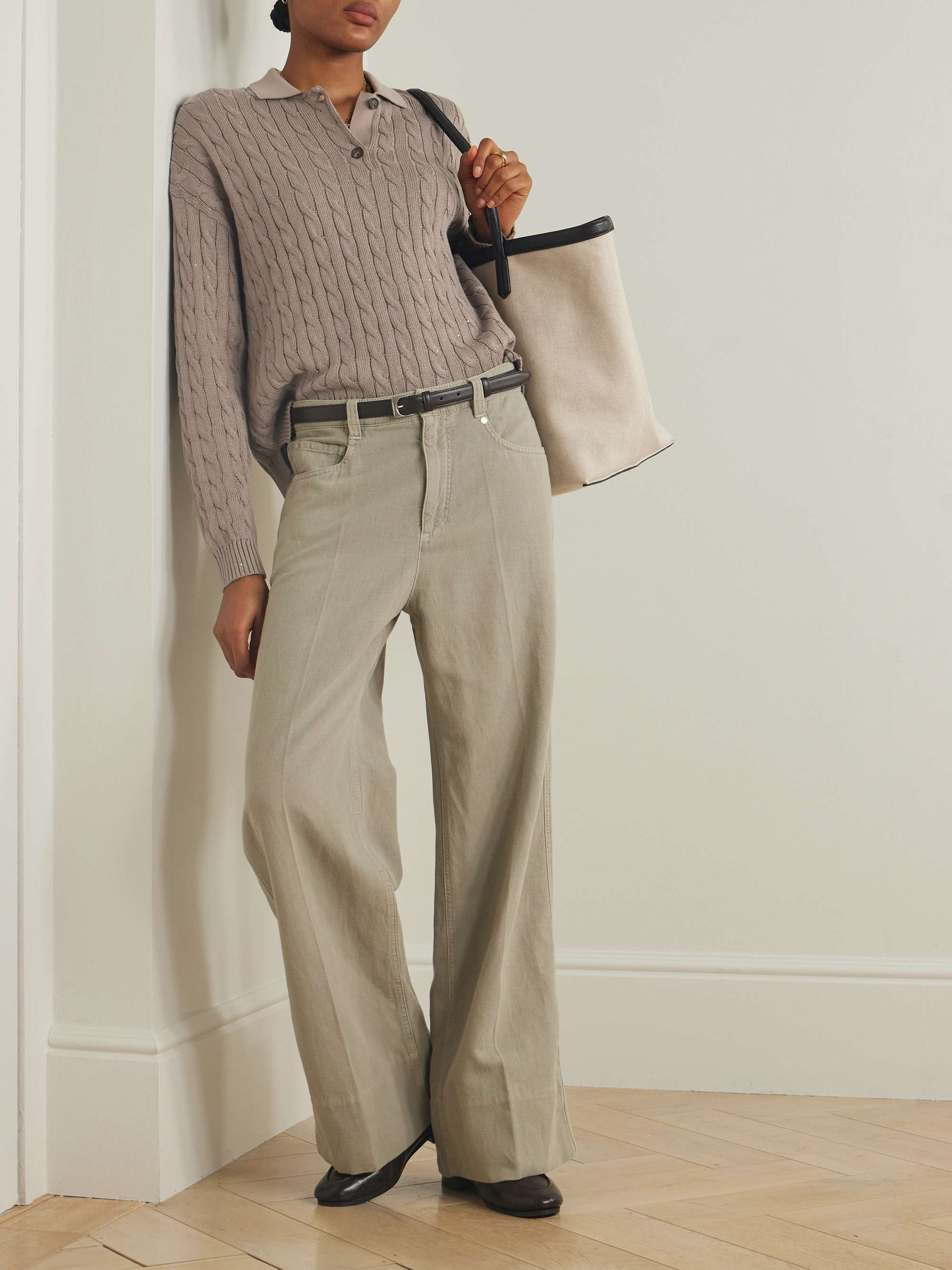 Sequined cable-knit cotton-blend sweater view