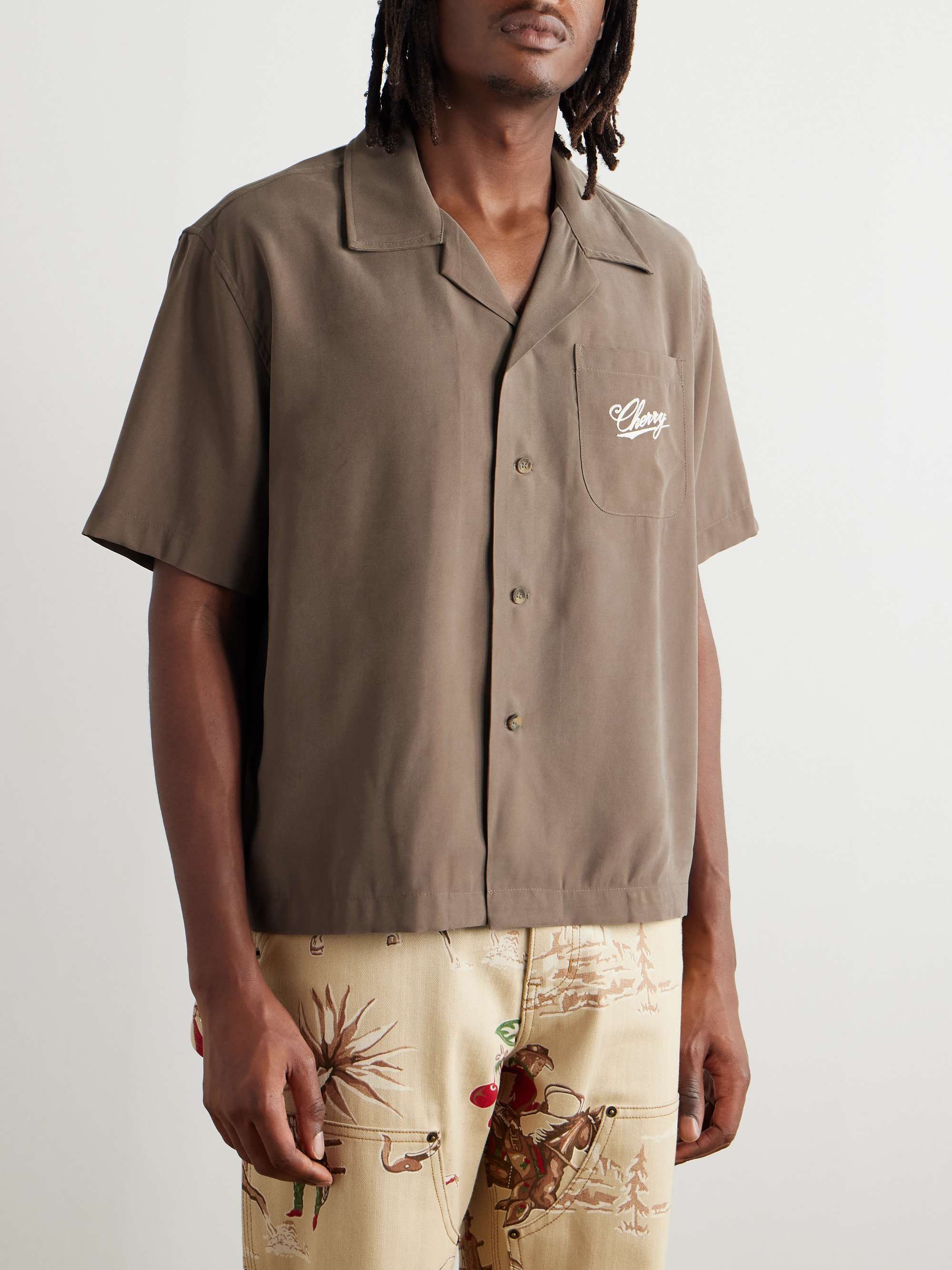 Camp-Collar Logo-Embroidered Twill Shirt view