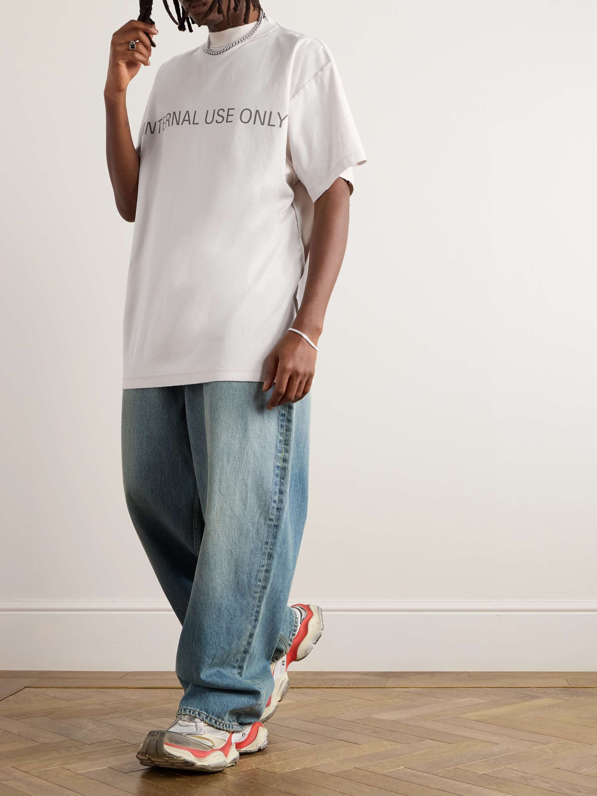 Inside Out Oversized Distressed Logo-Print Cotton-Jersey T-Shirt view
