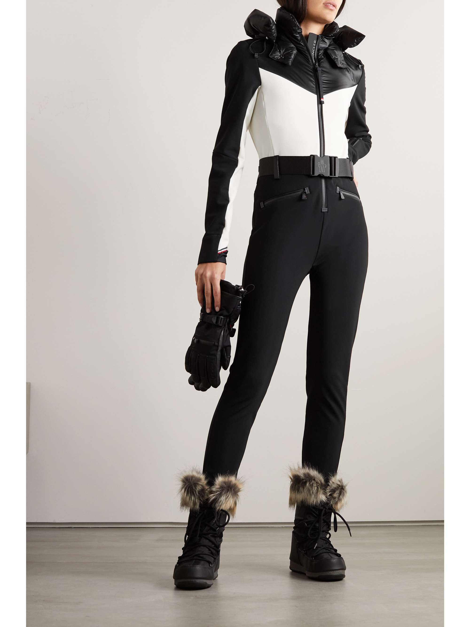 Hooded belted two-tone down ski suit view