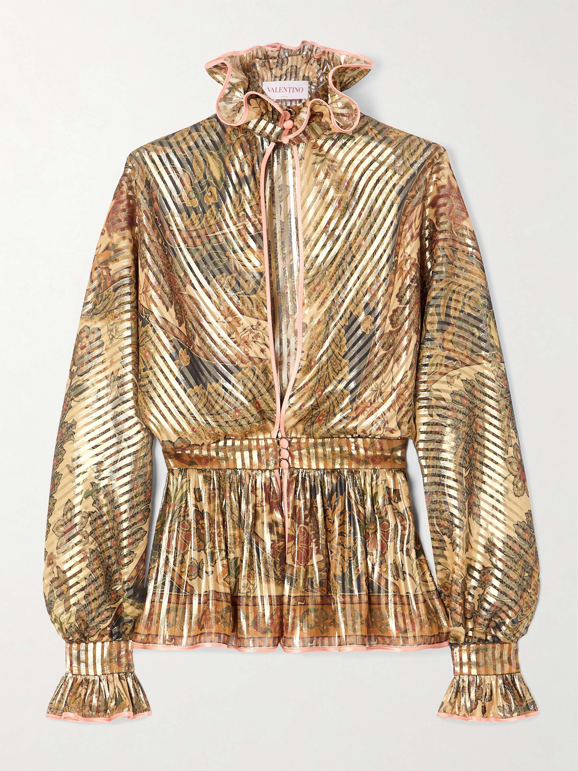 Satin-trimmed cutout ruffled metallic printed silk-blend chiffon blouse view