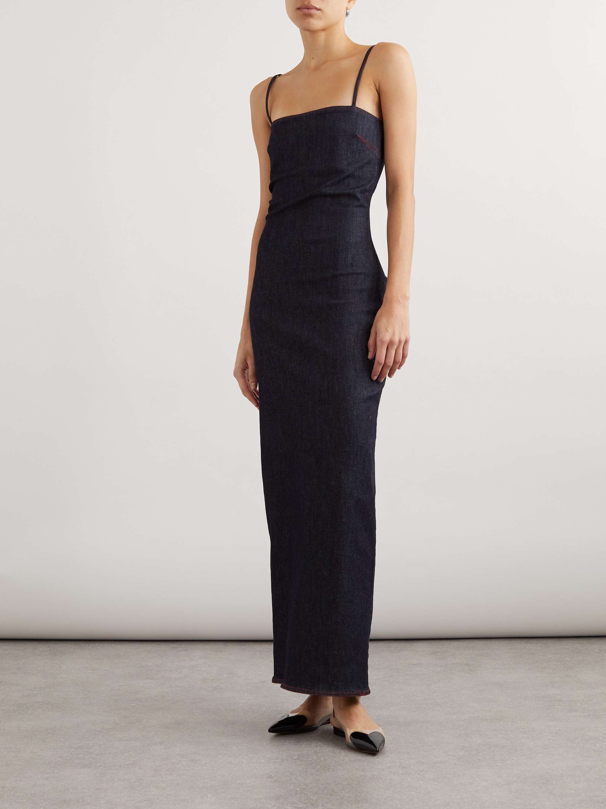 Gathered denim maxi dress view