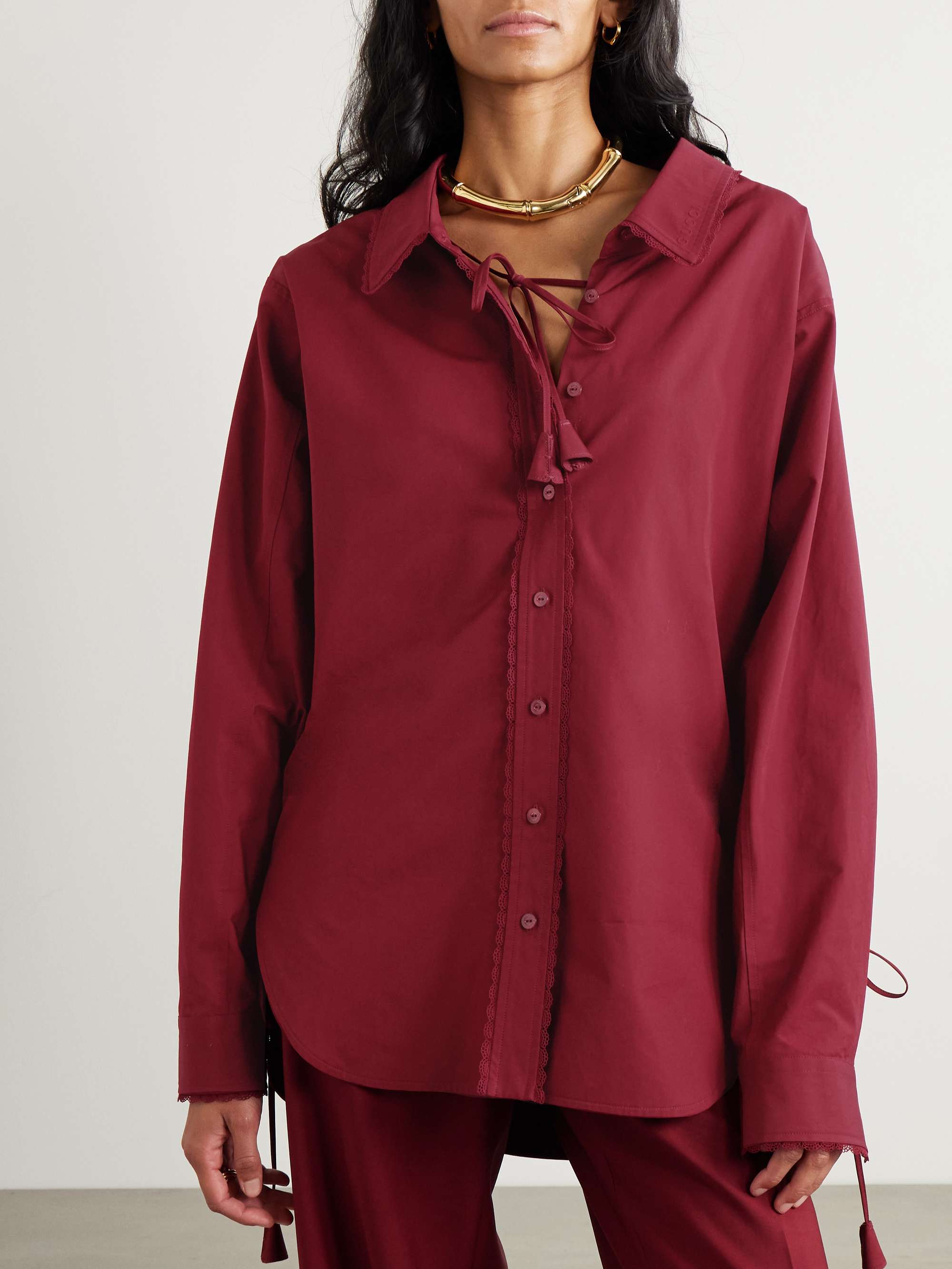 Oversized tie-detailed embossed lace-trimmed cotton-poplin shirt view
