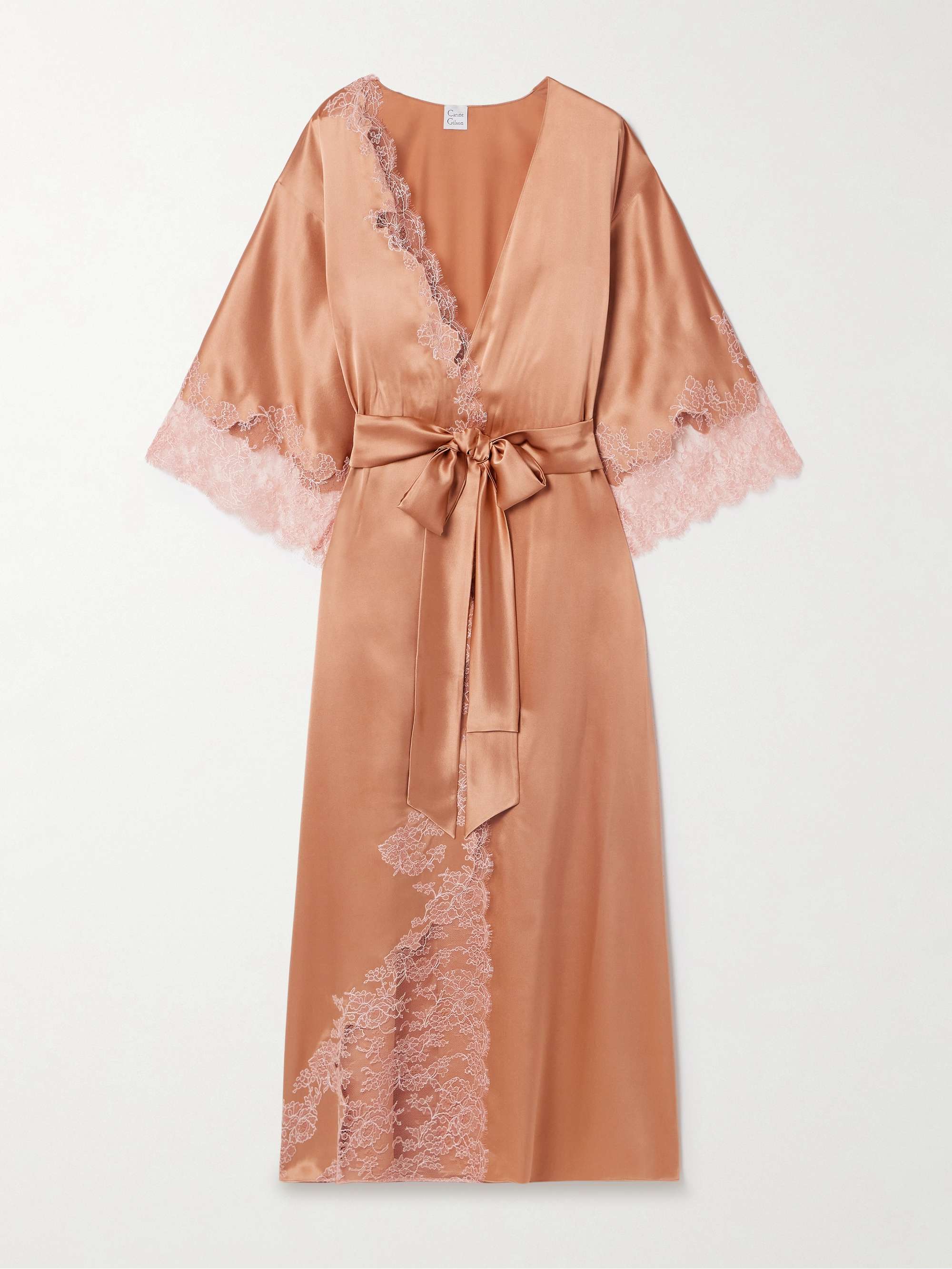 Belted Chantilly lace-trimmed silk-satin robe view