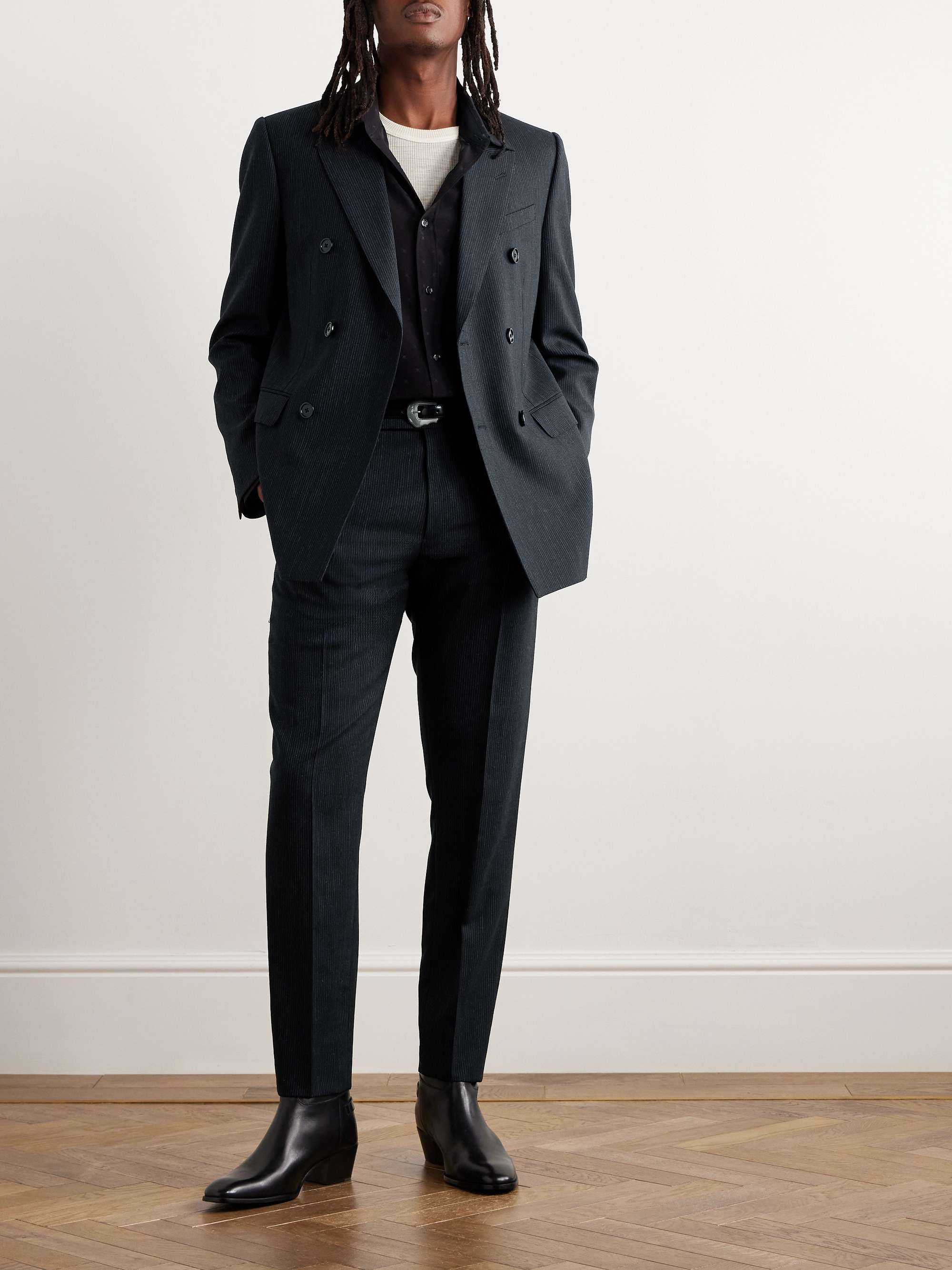 Slim-Fit Double-Breasted Pinstriped Wool Blazer view
