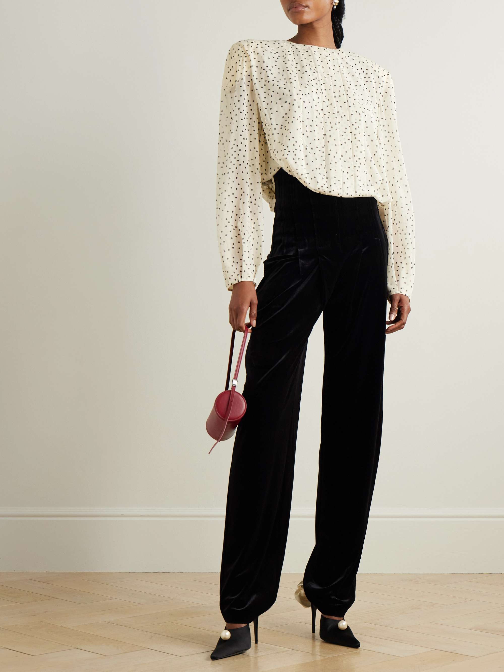 Asymmetric pleated polka-dot stretch-silk chiffon blouse view