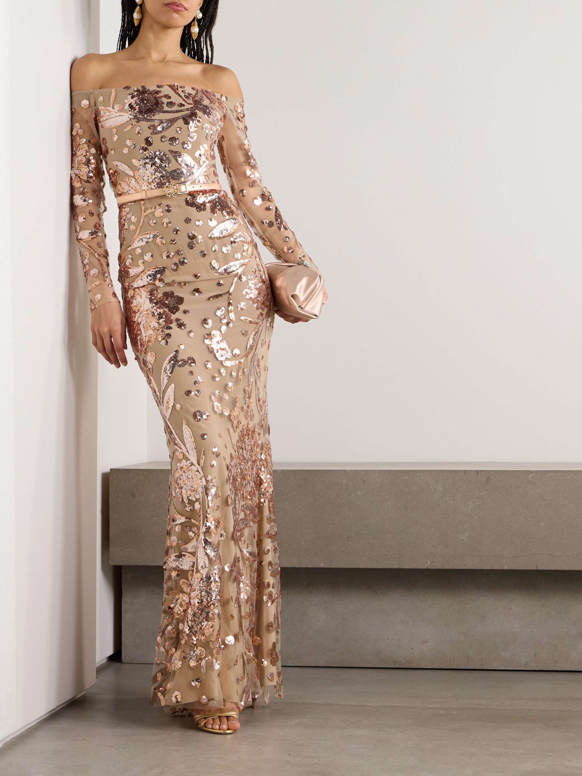 Belted off-the-shoulder sequin-embellished silk-blend tulle gown view