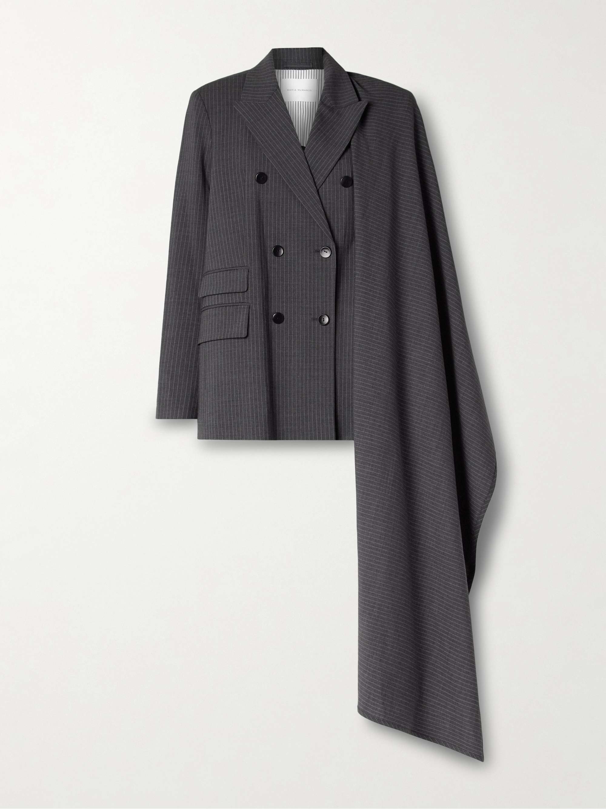 Double-breasted draped pinstriped wool-blend blazer view